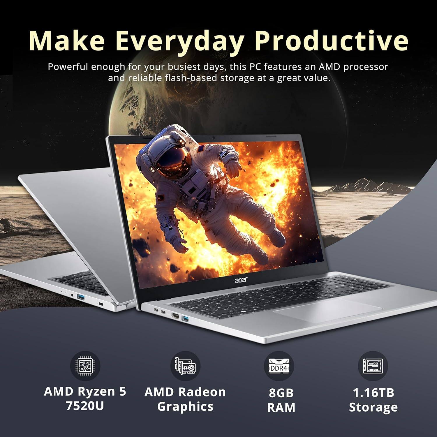Make Everyday Productive

Powerful enough for your busiest days, this PC features an AMD processor and reliable flash-based storage at a great value.

- AMD Ryzen 5 7520U
- AMD Radeon Graphics
- 8GB RAM
- 1.16TB Storage