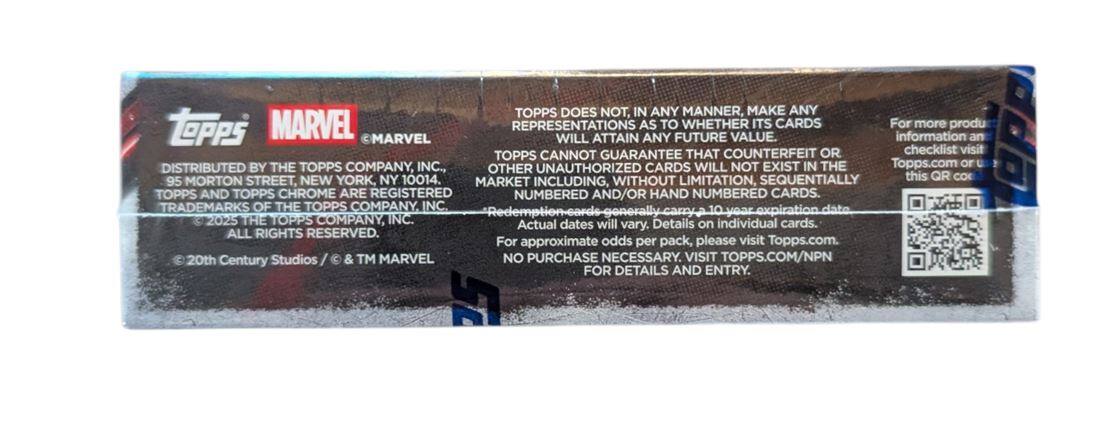 TOPPS DOES NOT, IN ANY MANNER, MAKE ANY REPRESENTATIONS AS TO WHETHER ITS CARDS WILL ATTAIN ANY FUTURE VALUE. TOPPS CANNOT GUARANTEE THAT COUNTERFEIT OR OTHER UNAUTHORIZED CARDS WILL NOT EXIST IN THE MARKET INCLUDING, WITHOUT LIMITATION, SEQUENTIALLY NUMBERED AND/OR HAND NUMBERED CARDS. Actual dates will vary. Details on individual cards. For approximate odds per pack, please visit Topps.com. NO PURCHASE NECESSARY. VISIT TOPPS.COM/NPN FOR DETAILS AND ENTRY.

DISTRIBUTED BY THE TOPPS COMPANY, INC., 95 MORTON STREET, NEW YORK, NY 10014. TOPPS AND TOPPS CHROME ARE REGISTERED TRADEMARKS OF THE TOPPS COMPANY, INC. © 2025 THE TOPPS COMPANY, INC. ALL RIGHTS RESERVED. © 20th Century Studios / © & TM MARVEL

For more product information and checklist visit Topps.com or use this QR code.

TOPPS MARVEL

© 20th Century Studios / © & TM MARVEL