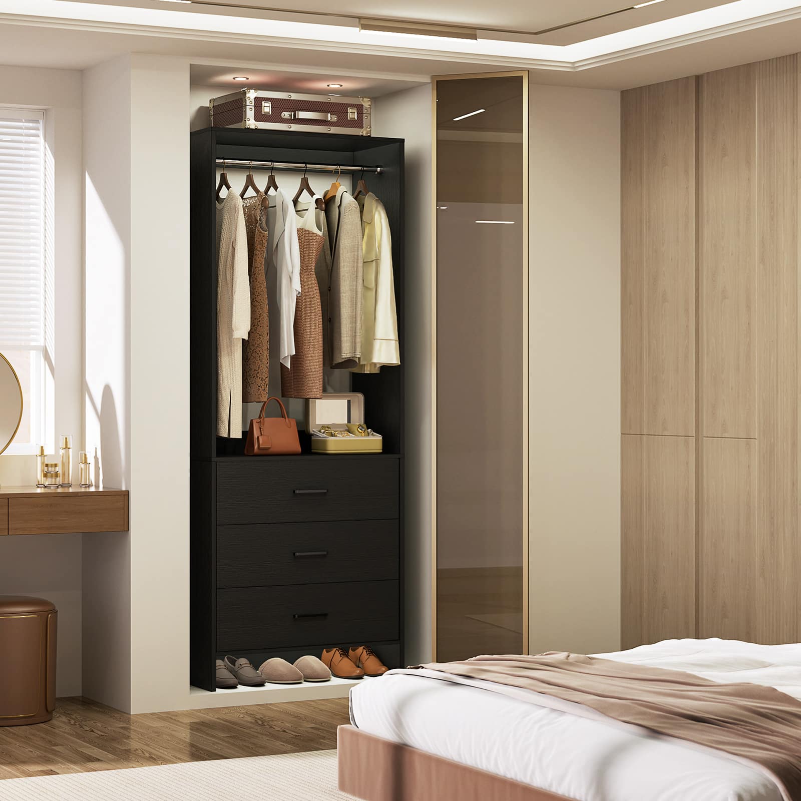 Front. Aheaplus - 2FT Closet System with 3 Drawers and Hanging Rod, Small Freestanding Closet Organizer for Bedroom, Closet - Black.