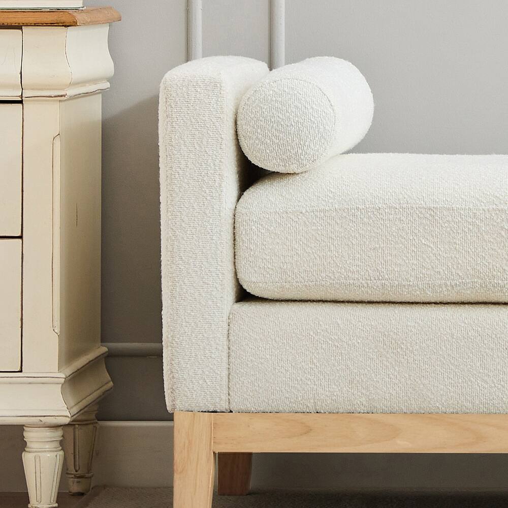 Alt View 3. Ropilly - Ropilly Ivory Boucle End of Bed Bench Upholstered Entryway Daybed with Natural Wood Frame and Bolster Pillows - Ivory.