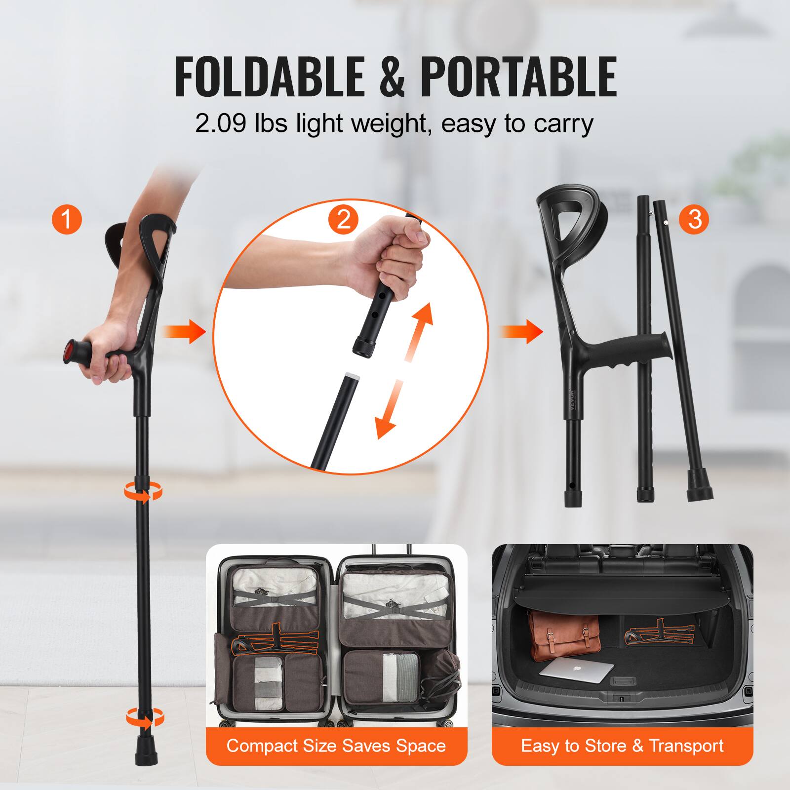 1. FOLDABLE & PORTABLE  
   2.09 lbs light weight, easy to carry

2. Compact Size Saves Space

3. Easy to Store & Transport