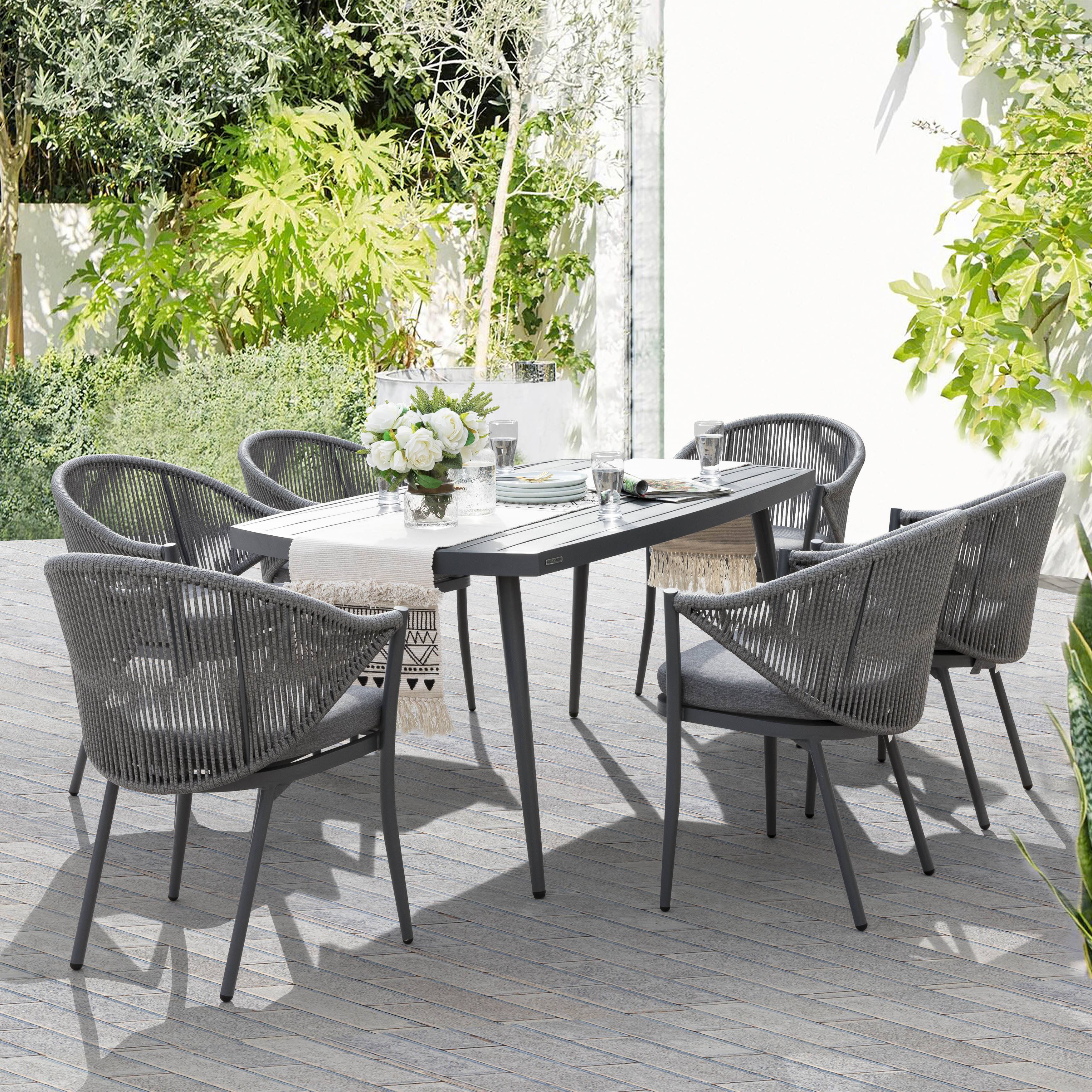 Left. Nuu Garden - Outdoor Metal Dining Table, Aluminum Slatted Table with 2.76" Umbrella Hole - Dark Gray.