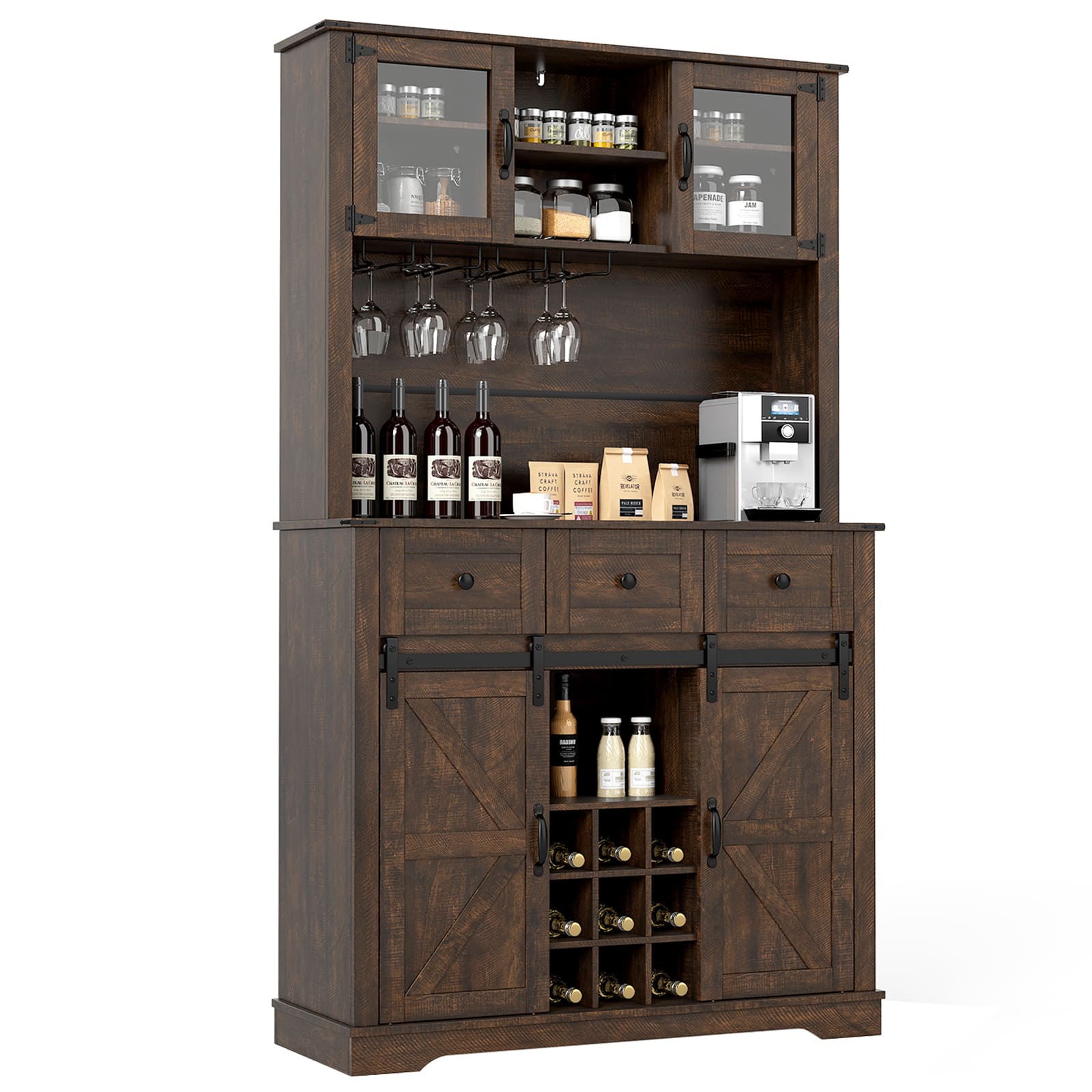 Gymax - 72'' Coffee Bar Cabinet with Wine Bottle Rack Microwave Countertop 3 Drawers - Brown