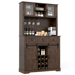 Gymax - 72'' Coffee Bar Cabinet with Wine Bottle Rack Microwave Countertop 3 Drawers - Brown