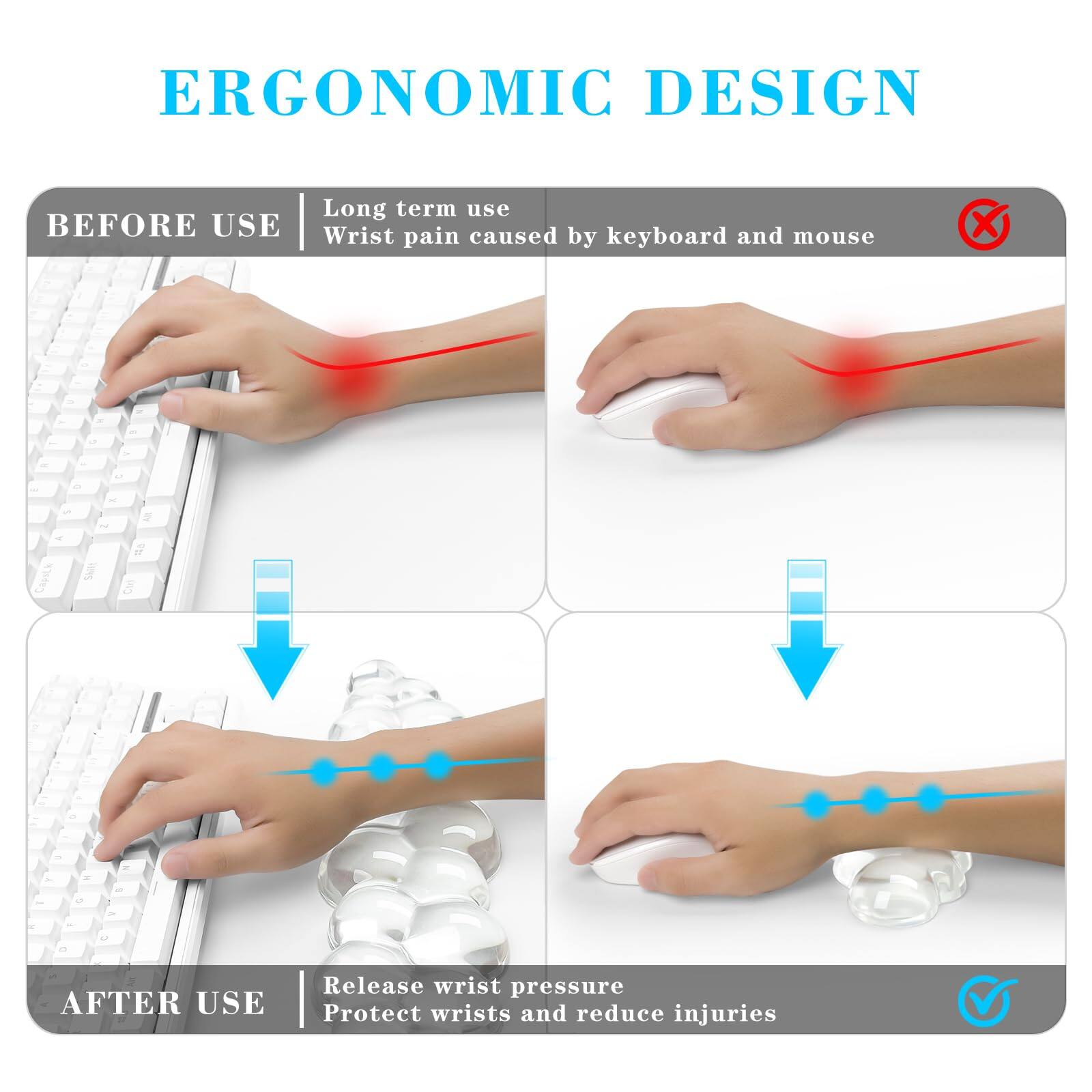 ERGONOMIC DESIGN

BEFORE USE
Long term use
Wrist pain caused by keyboard and mouse

AFTER USE
Release wrist pressure
Protect wrists and reduce injuries