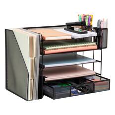 Front. Mind Reader - Mesh Desk Organizer, 4 Trays, 1 Drawer, File Holder, 2 Pen Cups, Office Desktop Organizer, Metal Mesh - Black.