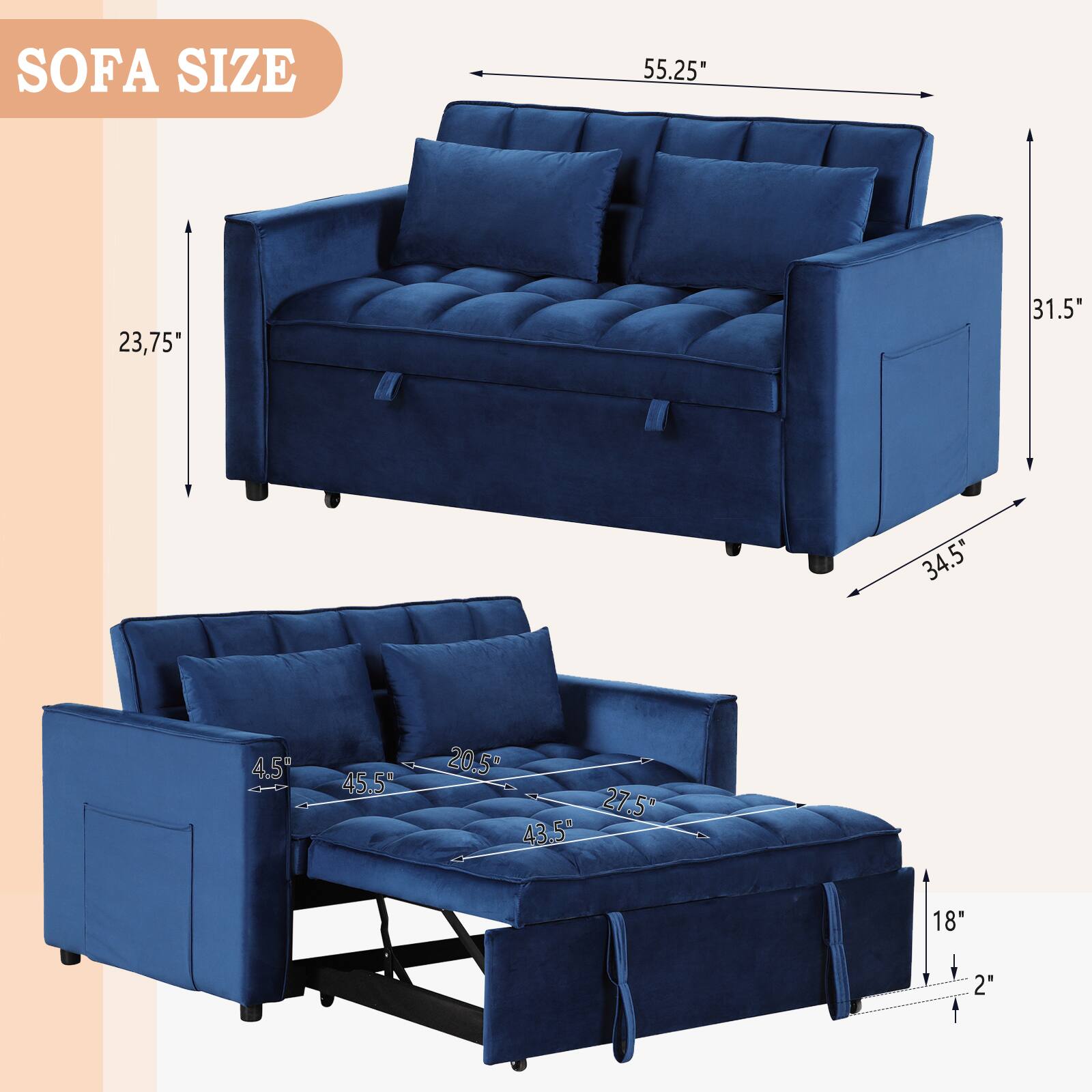 The text on the image reads "SOFA SIZE 55.25' 23,75 31.5" 34.5" 4.5 45.5" 20.5 27.5 43.5" 18" 2". This information is likely related to the dimensions of a couch or sofa, providing the measurements in various units such as feet, inches, and centimeters.