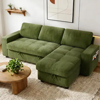 Front. Dyonery - 81" L Shaped Couch Sleeper Sofa, Pull Out Couch with Reclining Backrest, Reversible Storage Chaise, USB Ports - Green.