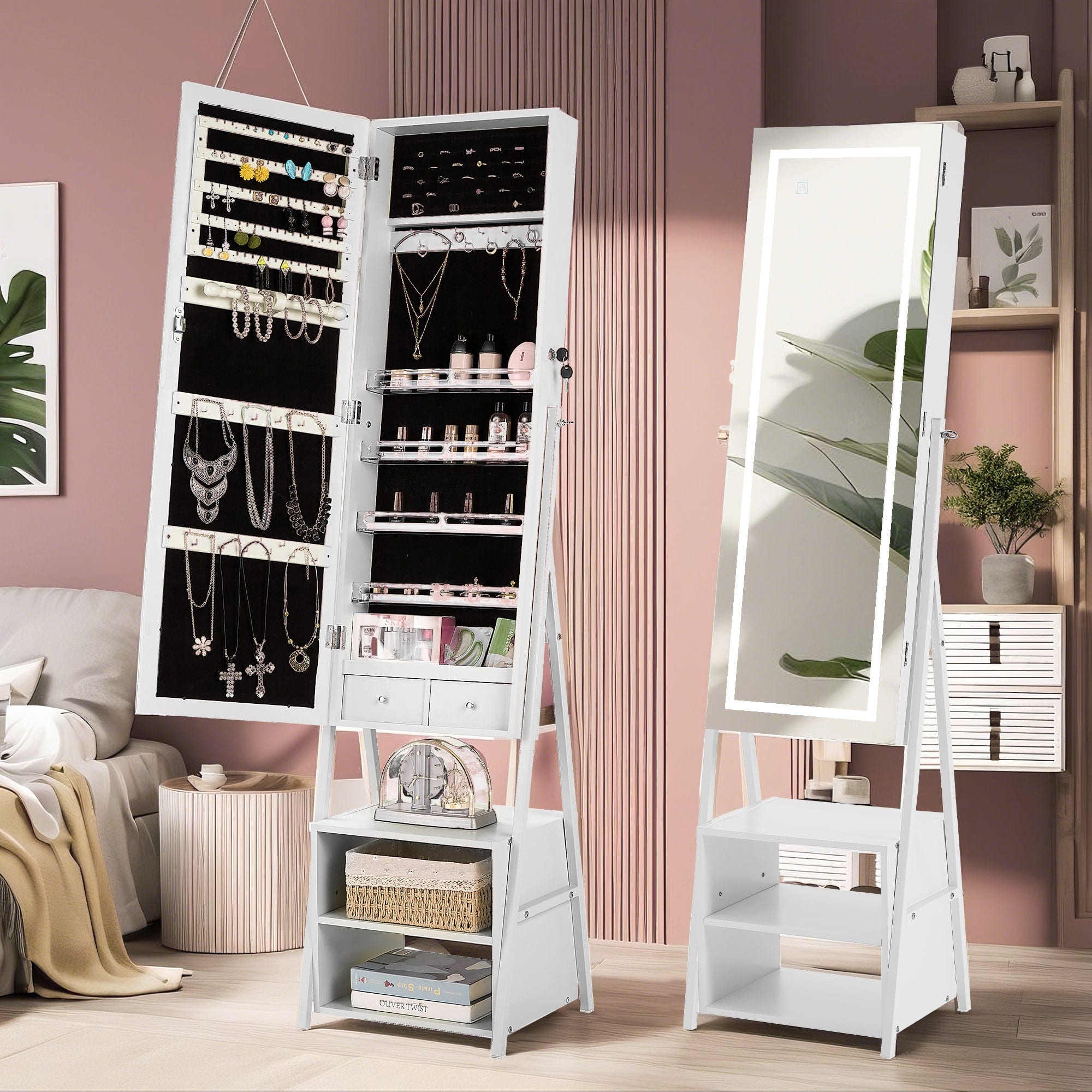 Vecelo - Full Length Mirror Jewelry Cabinet with LED Lights, Locking Floor Standing Jewelry Armoire with Shelves and Drawers