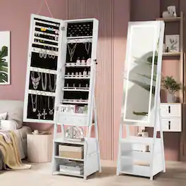 Vecelo - Full Length Mirror Jewelry Cabinet with LED Lights, Locking Floor Standing Jewelry Armoire with Shelves and Drawers