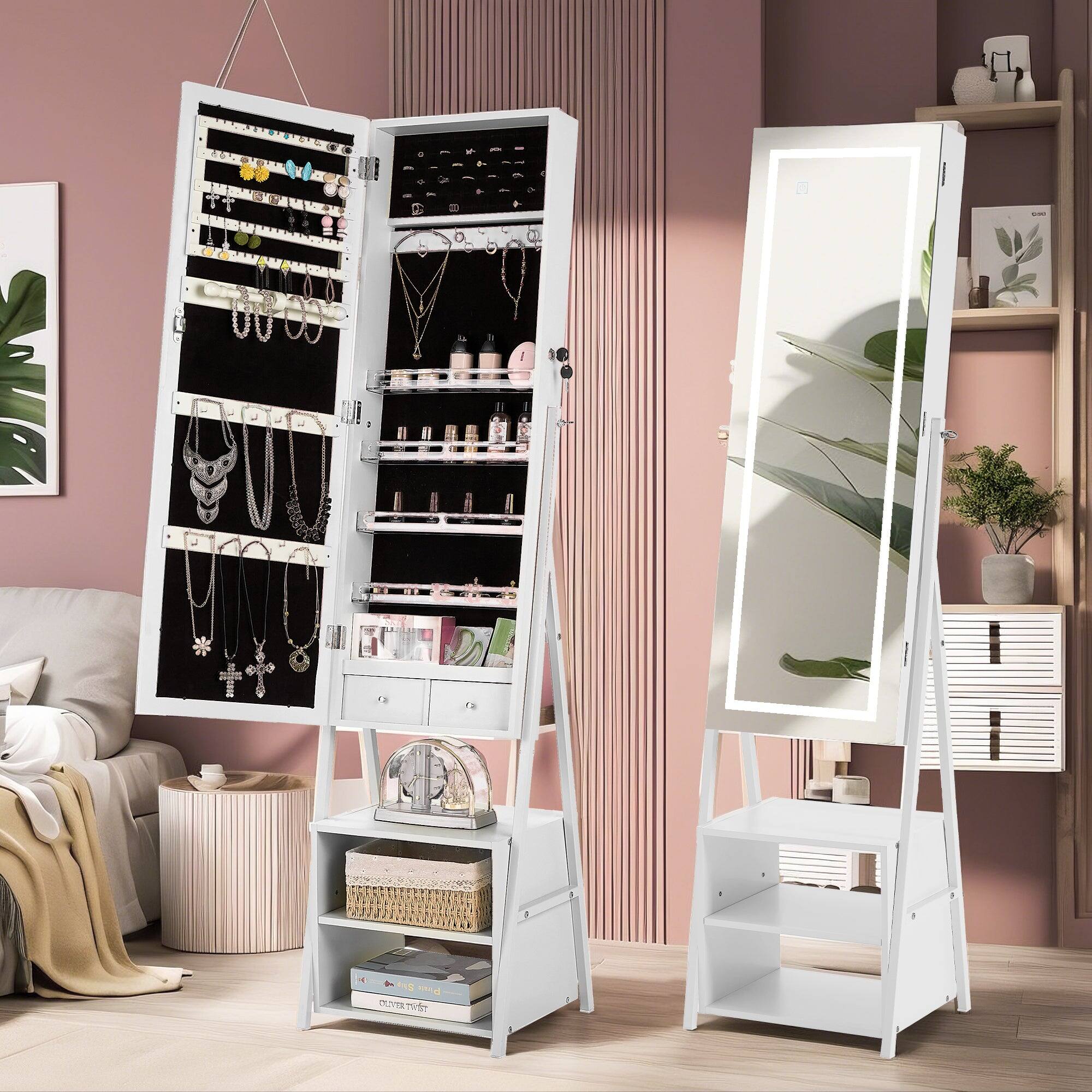Vecelo - Full Length Mirror Jewelry Cabinet with LED Lights, Locking Floor Standing Jewelry Armoire with Shelves and Drawers