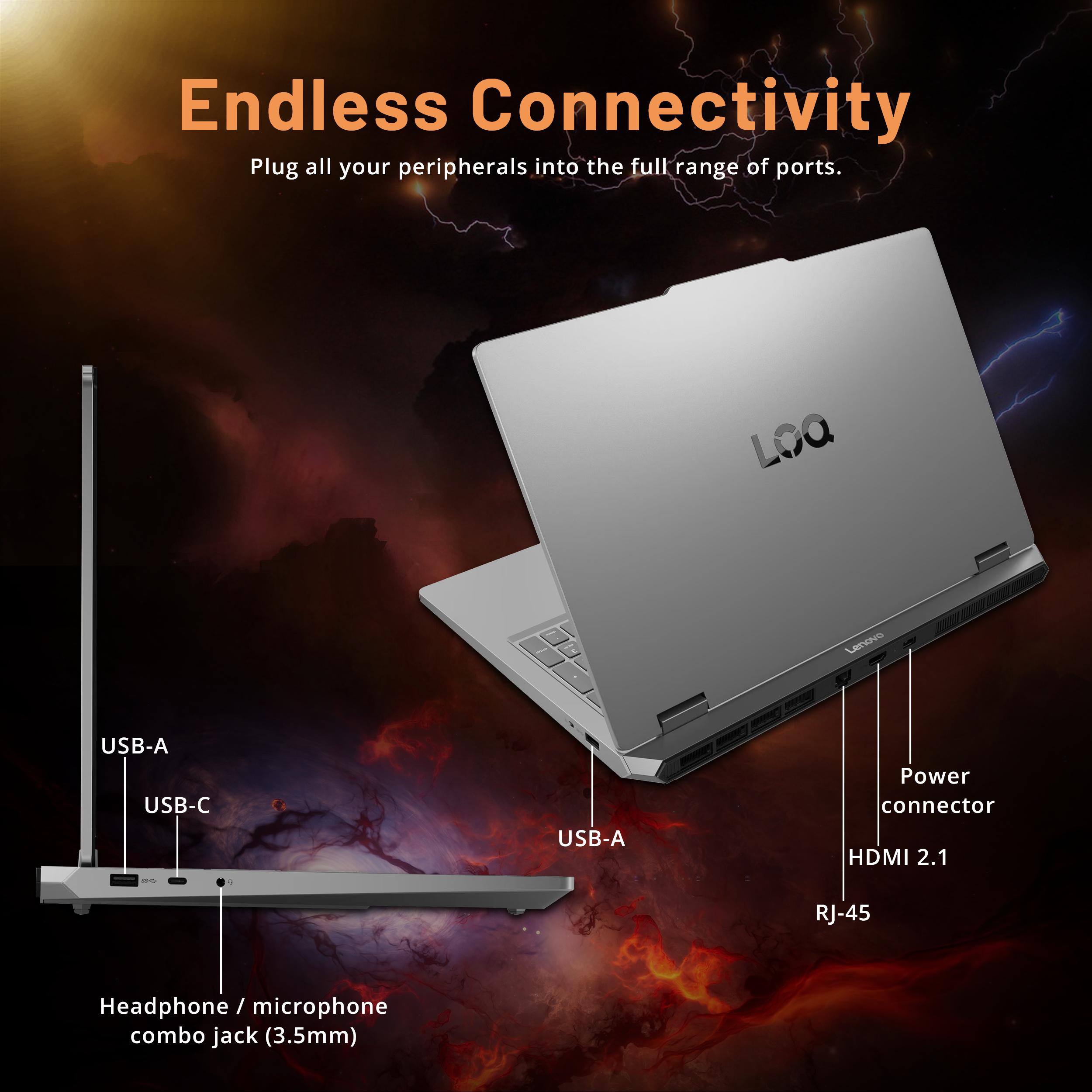 Endless Connectivity  
Plug all your peripherals into the full range of ports.

Lenovo  
USB-A  
USB-C  
USB-A  
Power connector  
HDMI 2.1  
RJ-45  
Headphone / microphone combo jack (3.5mm)