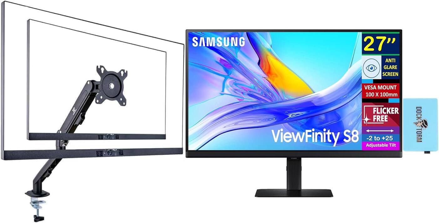 Samsung - 27" ViewFinity S8 (S80UD) 4K UHD IPS Monitor, (LS27D802UANXGO) w/DKZ Hub & Ergoflexy Single Mount Arm - Black