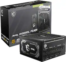The image features a computer tower and a power supply box. The computer tower is a MAG A1000GL, and the power supply box is a 80 PLUS Gold certified unit. The box is labeled as ATX 3.1 and PCIe 5.1 ready, indicating that it is compatible with the latest technology. The box also has a 12V-2x6 L CPU+PO+PO+ SATA+MOLEX+T SXTA label, which suggests that it is designed to provide power to various components within the computer system.
