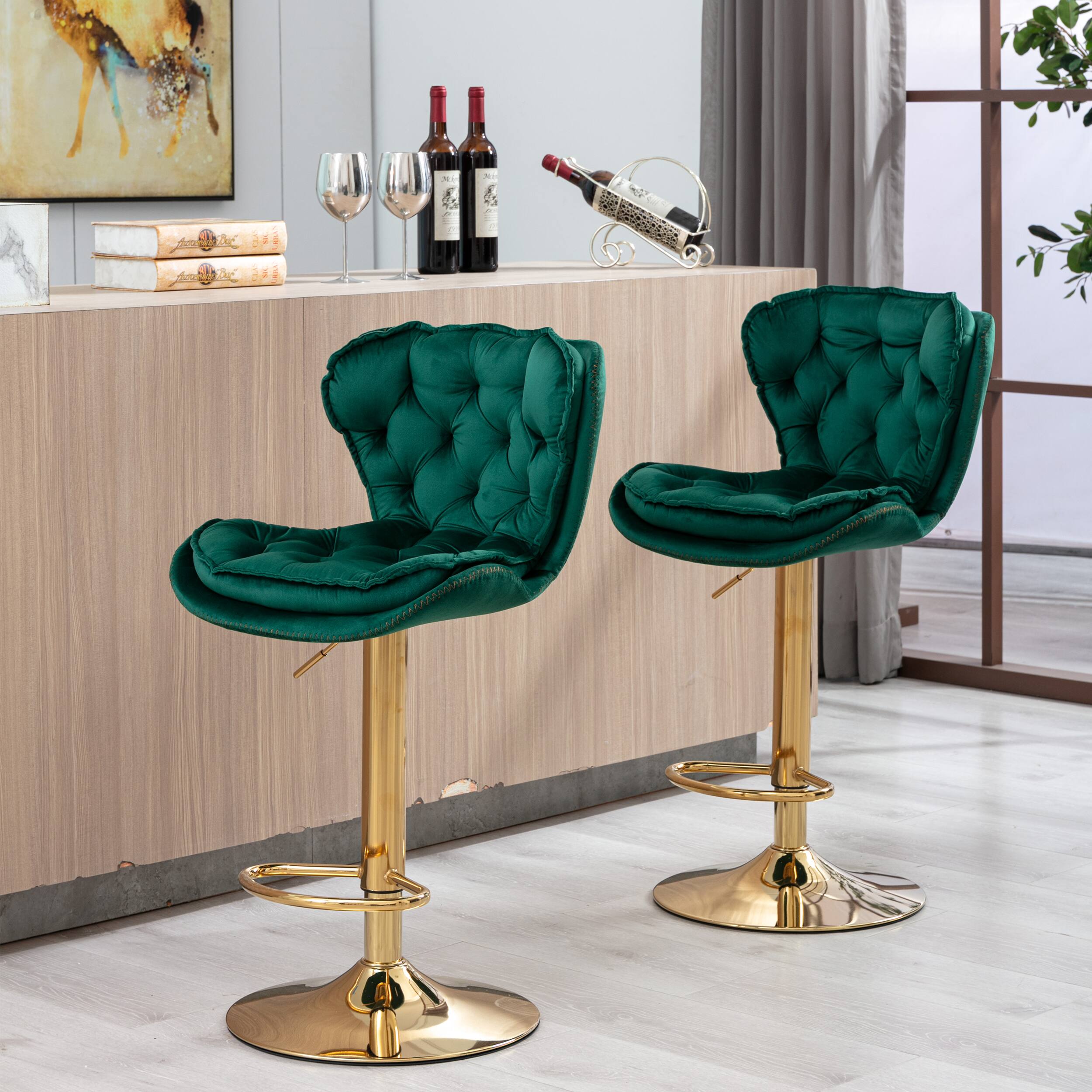 Alt View 2. Trinkets Crazed - Bar Stools Set of 2, Velvet Counter Height Adjustable Barstools, Upholstered Swivel Dining Bar Chairs - Green.