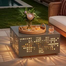 Ovios - Patio Coffee Table Outdoor Metal Table with Solar Light for Balcony - Gray