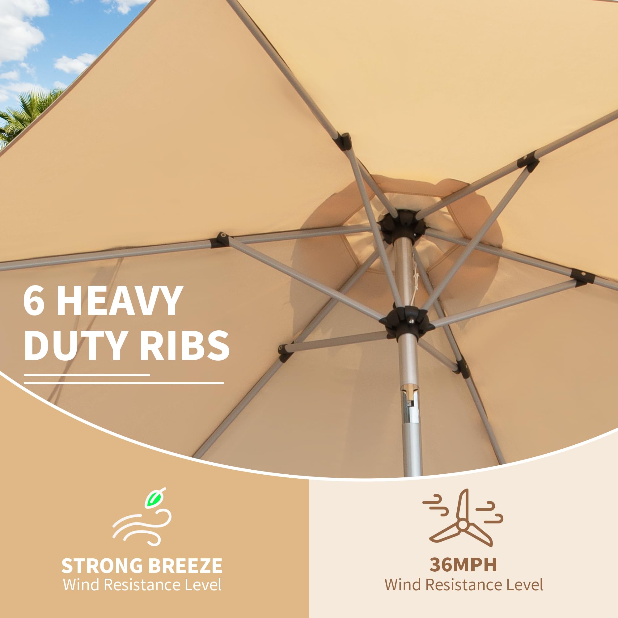 6 HEAVY DUTY RIBS  
STRONG BREEZE  
Wind Resistance Level  
36MPH  
Wind Resistance Level
