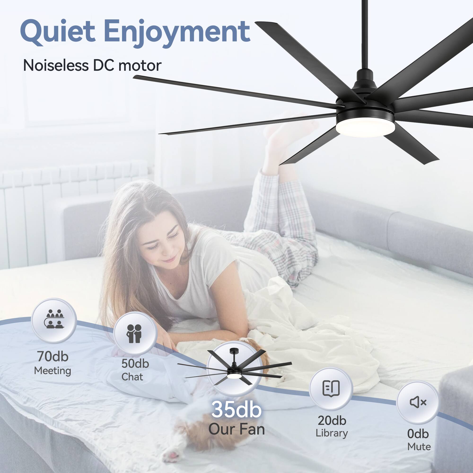 Quiet Enjoyment, Noiseless DC motor, 70db Meeting, 50db Chat, 35db Our Fan, 20db Library, 0db Mute