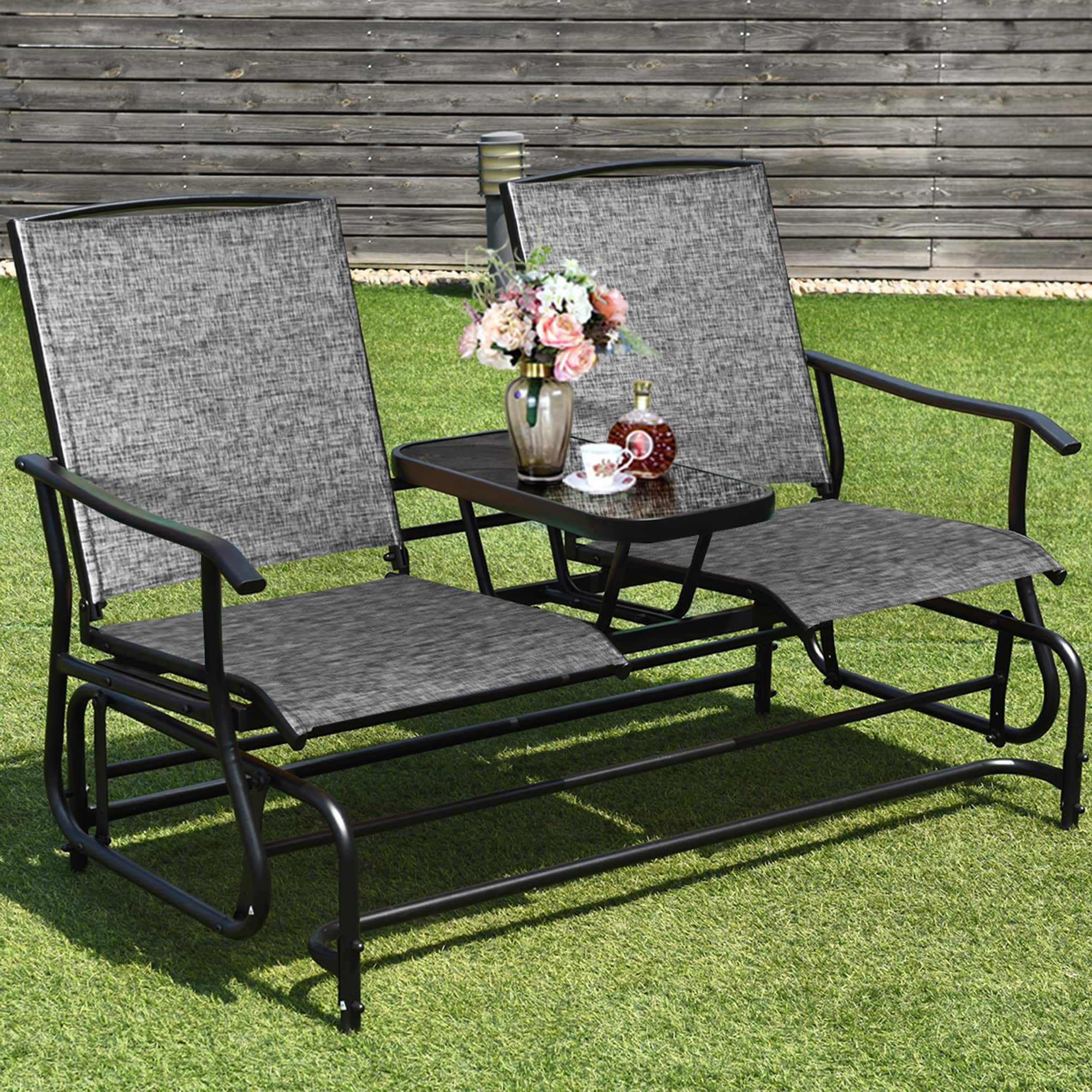Gymax - Patio 2-Person Glider Rocking Char Loveseat Garden w/ Tempered Glass Table Grey - as pic price history on PriceWatchPro