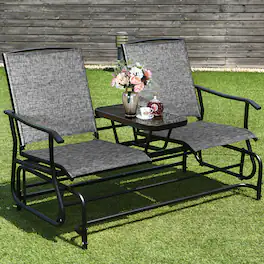 Gymax - Patio 2-Person Glider Rocking Char Loveseat Garden w/ Tempered Glass Table Grey - as pic