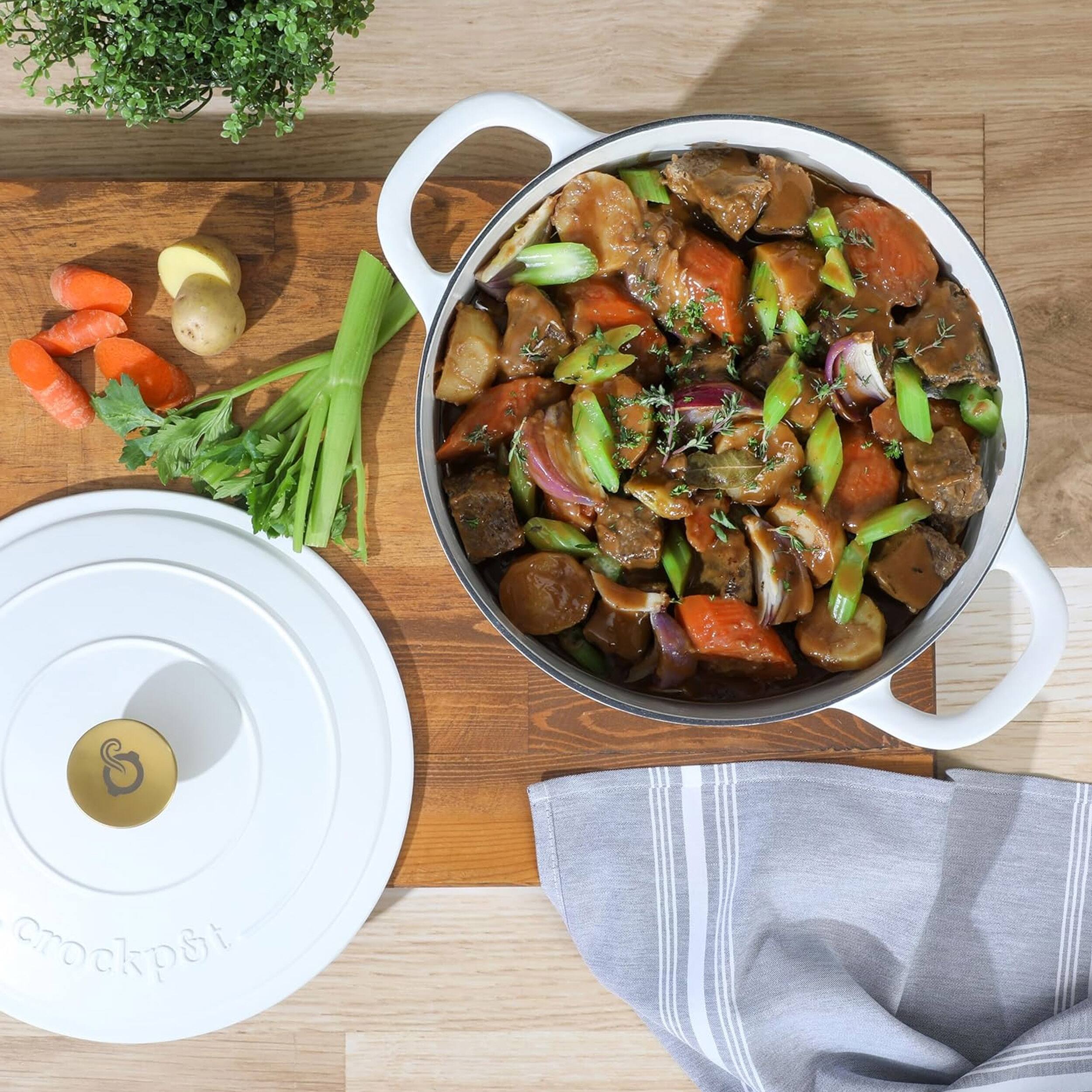 Alt View 5. Crockpot - Crockpot Artisan 7 Quart Round Enameled Cast Iron Dutch Oven with Lid in Linen - Linen.