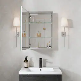 WELLFOR - 16 in. W x 24 in. H Rectangular Aluminum Recess or Surface Mount Medicine Cabinet with Mirror, Soft Close Door - Silver