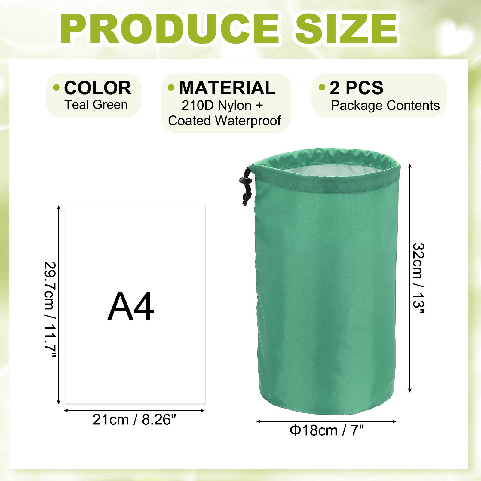 - **Color:** Teal Green
- **Material:** 210D Nylon + Coated Waterproof
- **Package Contents:** 2 PCS
- **Size:**
  - A4: 29.7cm / 11.7" x 21cm / 8.26"
  - Bag: 32cm / 13" x 18cm / 7"