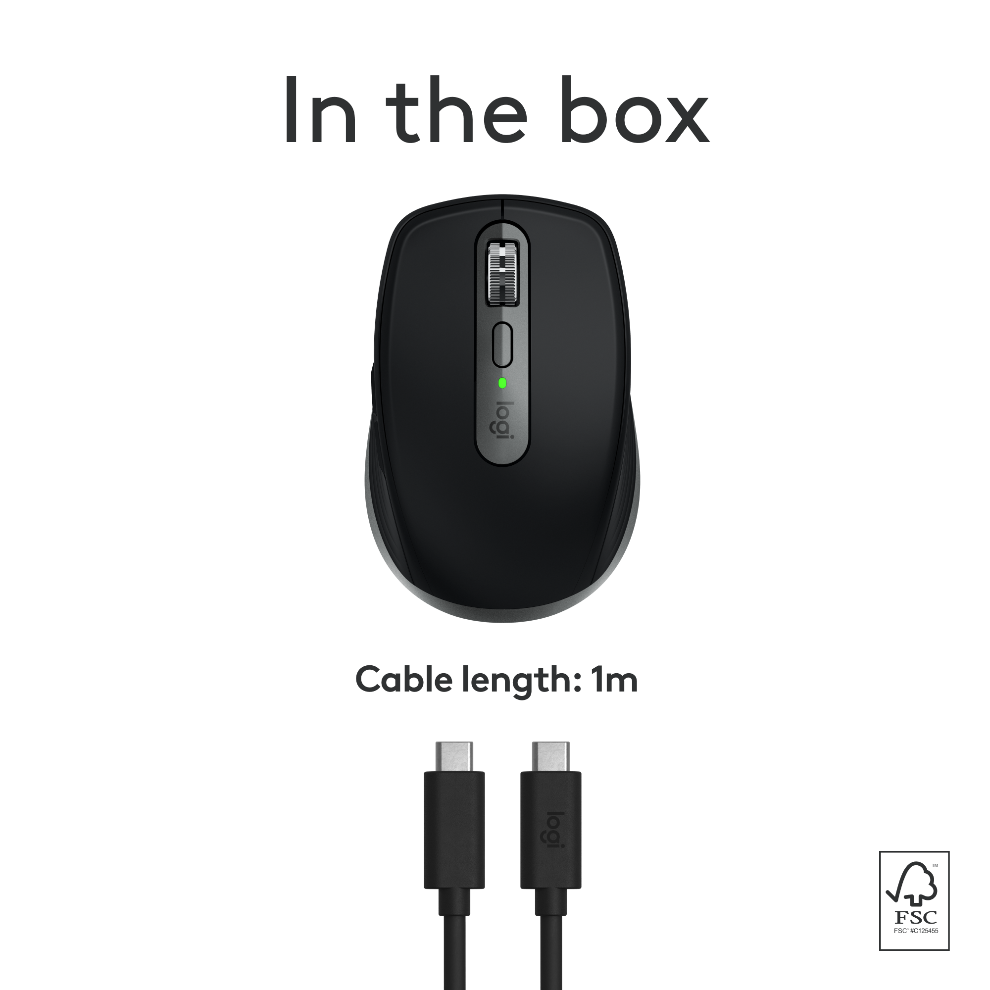In the box, you will find a Logitech wireless mouse with a cable length of 1 meter.