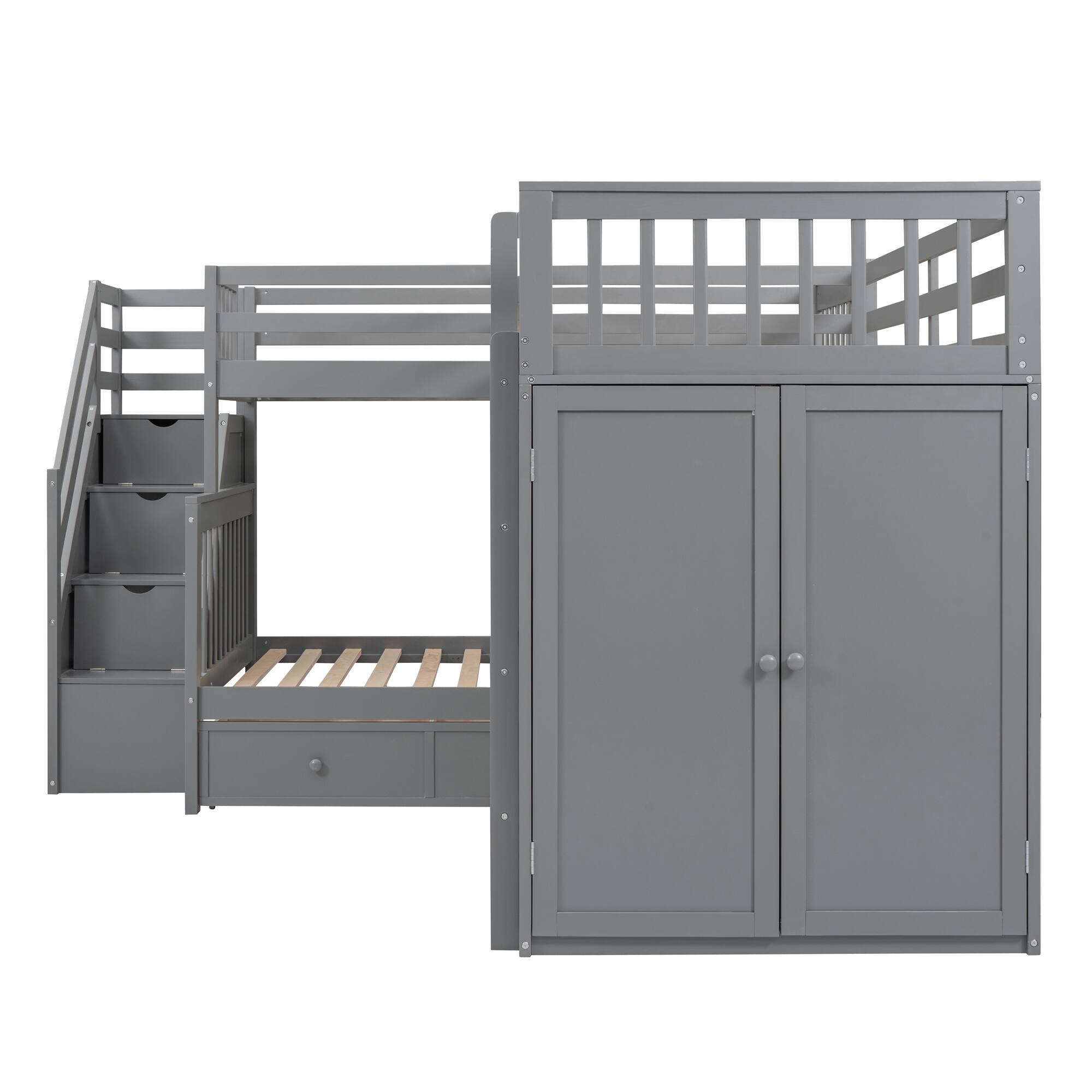 Alt View 5. Tiramisubest - Twin-Twin Full L-Shaped Bunk Bed with 3 Drawers, Desk & Wardrobe, Gray - Gray.