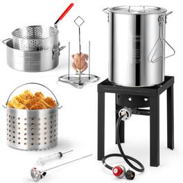 Winado - 4PCS 30QT Turkey Fryer 10QT Fish Fryer with Propane Burner Stand, Deep Pot Thermometer Turkey Rack Lifter for Outdoor - Silver