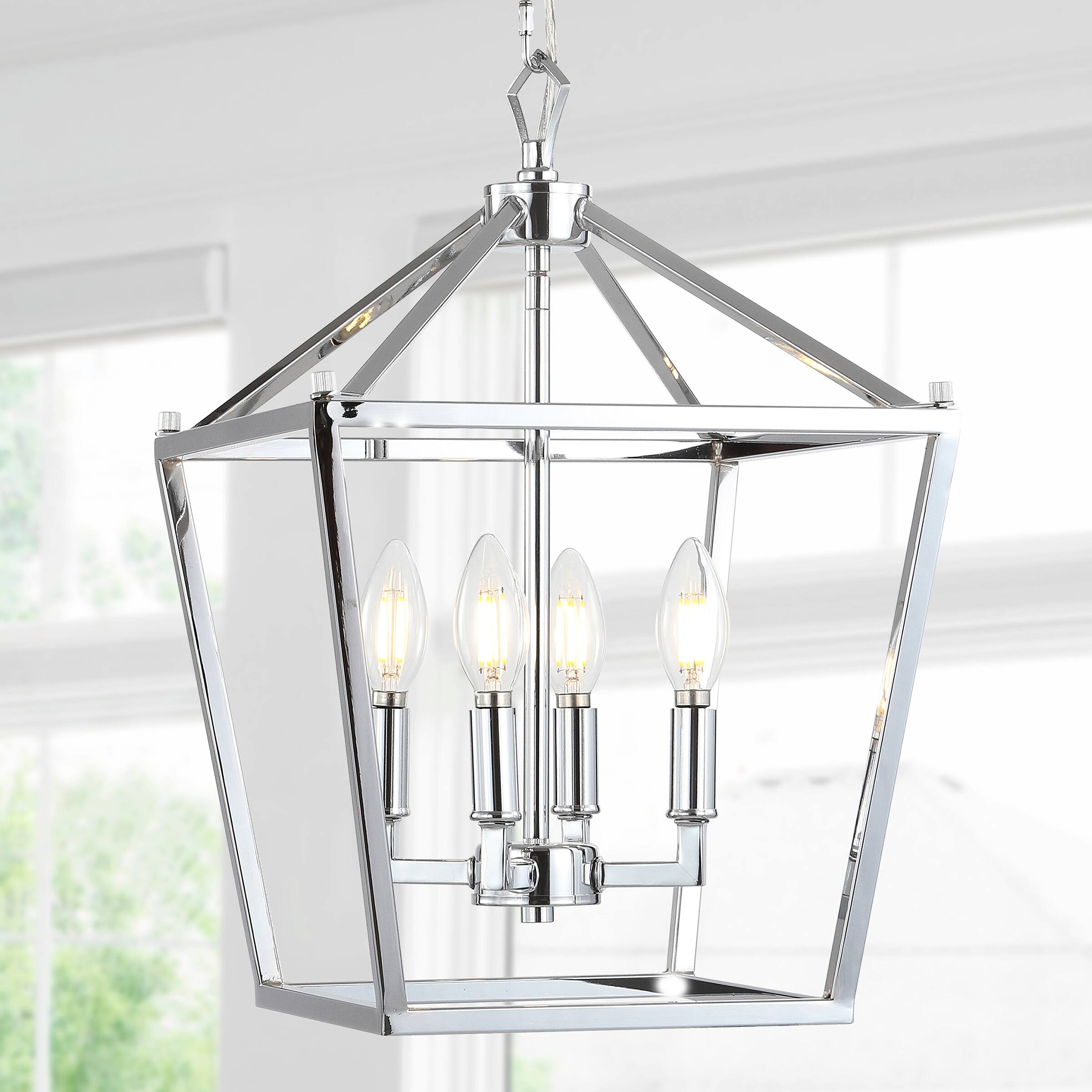 Alt View 1. Jonathan Y - Pagoda 12" 4-Light Classic Traditional Metal Cage Lantern LED Pendant, Chrome - Chrome.