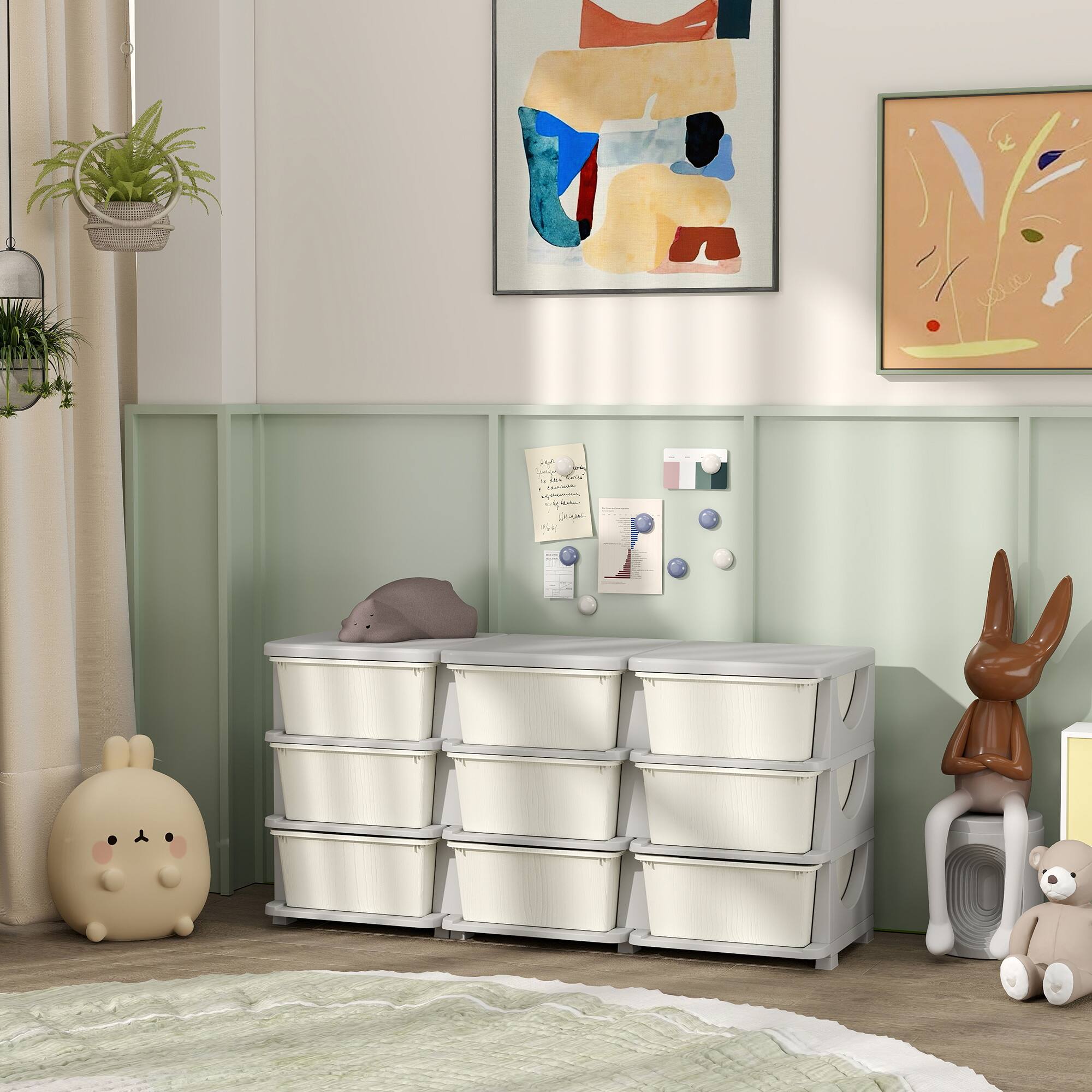 Alt View 5. Ecooso - 3-Tier Kids Toy Storage Organizer, 9 Drawer Plastic Cabinet with Bins for Nursery, Bedroom, and Kindergarten Use - Cream White.