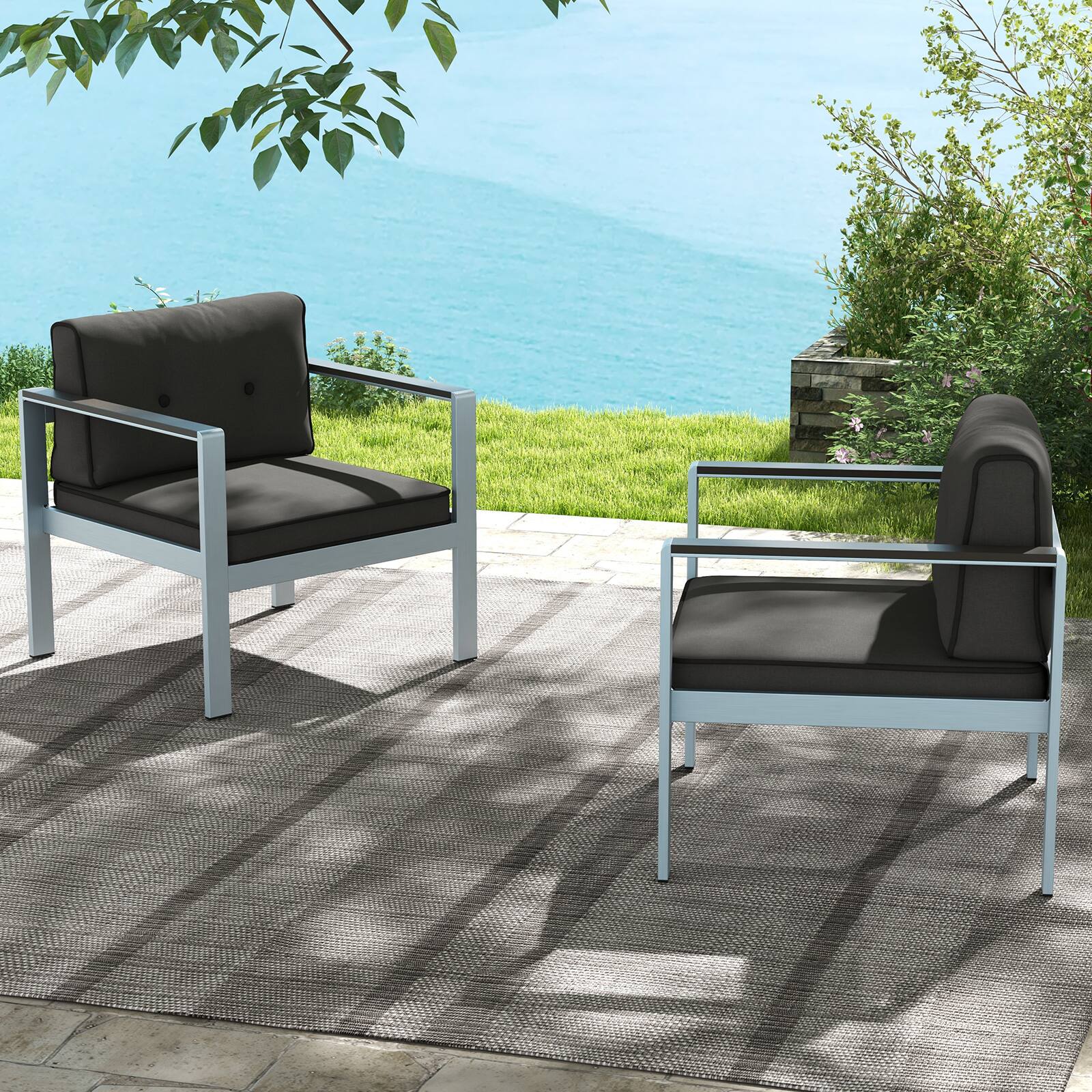 Alt View 1. Costway - Costway 2 PCS Patio Aluminum Armchair Outdoor Single Sofa Chair with Cushions & Armrests - Gray,Silver.