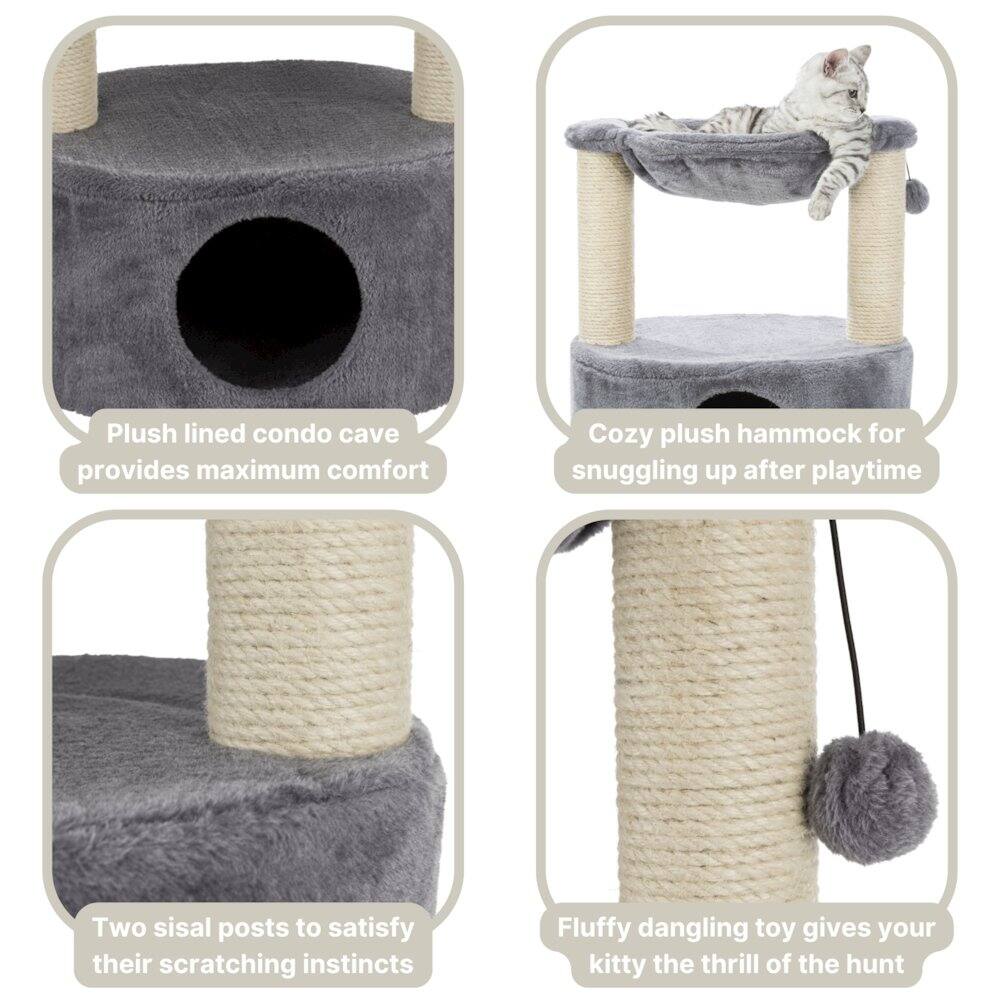 Plush lined condo cave provides maximum comfort  
Cozy plush hammock for snuggling up after playtime  
Two sisal posts to satisfy their scratching instincts  
Fluffy dangling toy gives your kitty the thrill of the hunt