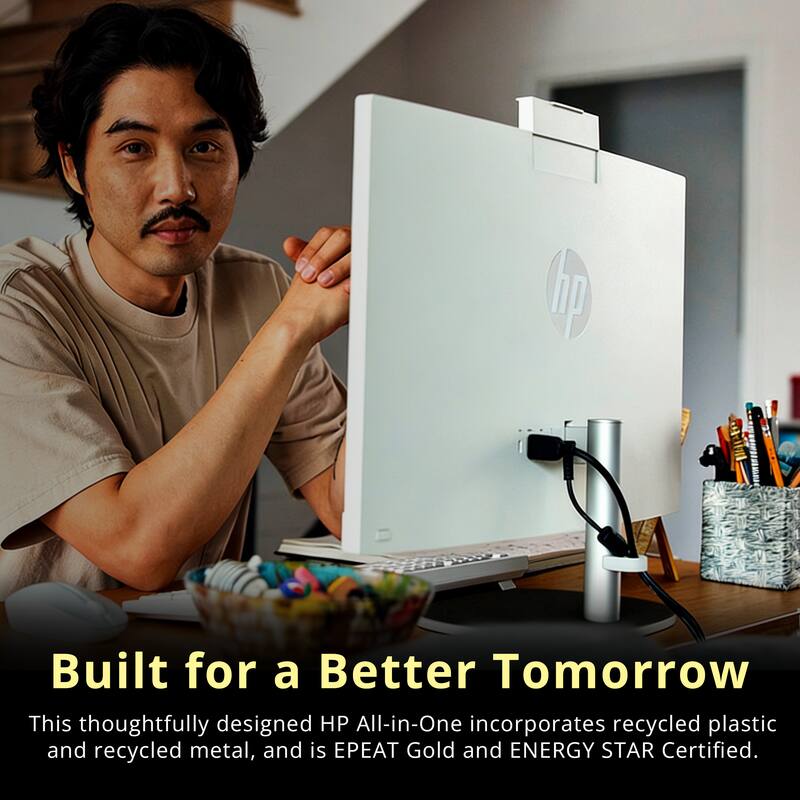 Built for a Better Tomorrow

This thoughtfully designed HP All-in-One incorporates recycled plastic and recycled metal, and is EPEAT Gold and ENERGY STAR Certified.