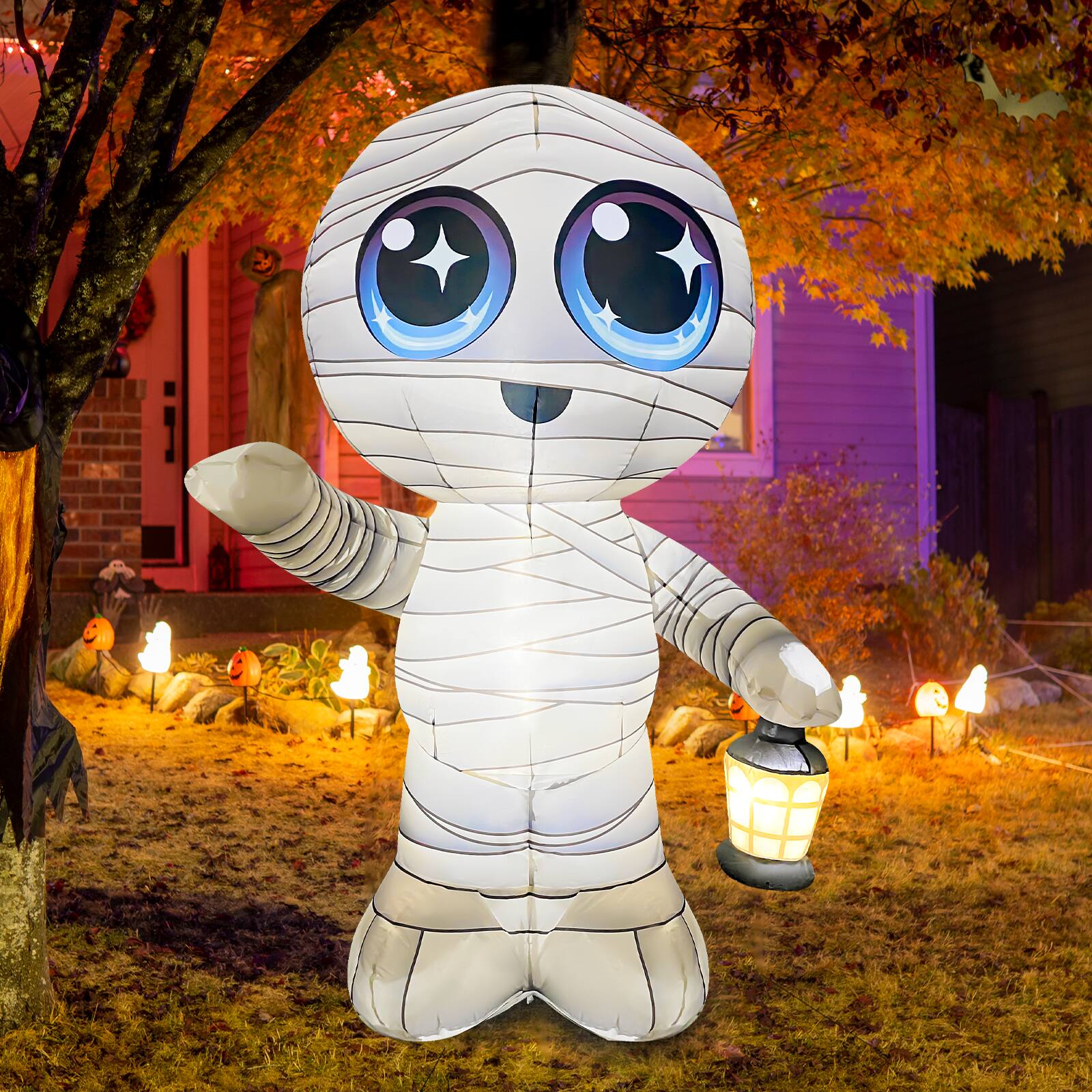 Left. GOOSH Inflatables - GOOSH 5.2FT Inflatable Cute Mummy with Lantern – Light-Up Halloween Yard Decoration - White.