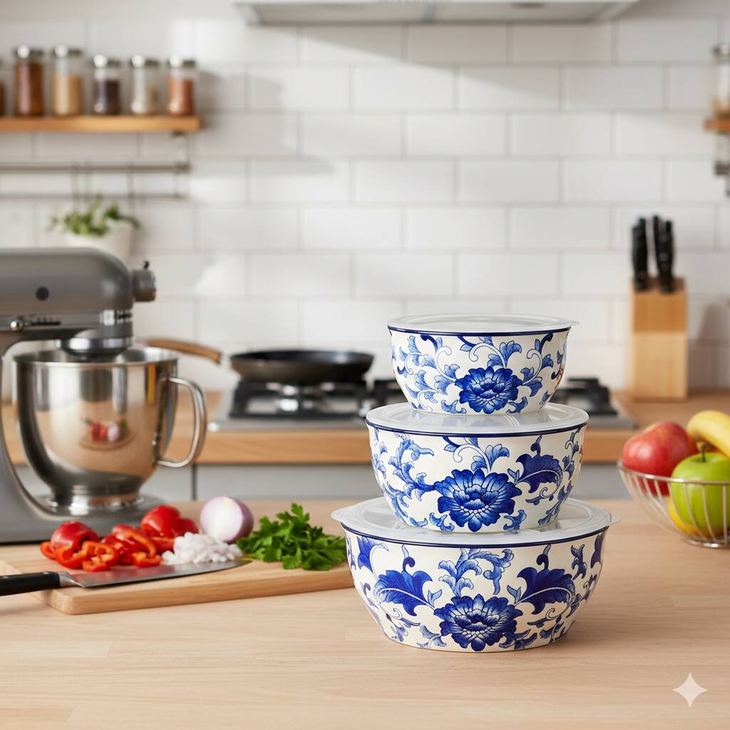 Left. Euro Ceramica Home - Blue Garden Chinoiserie “Hold Everything” 3-Piece Round Stoneware Storage Bowls Set - Blue / White.