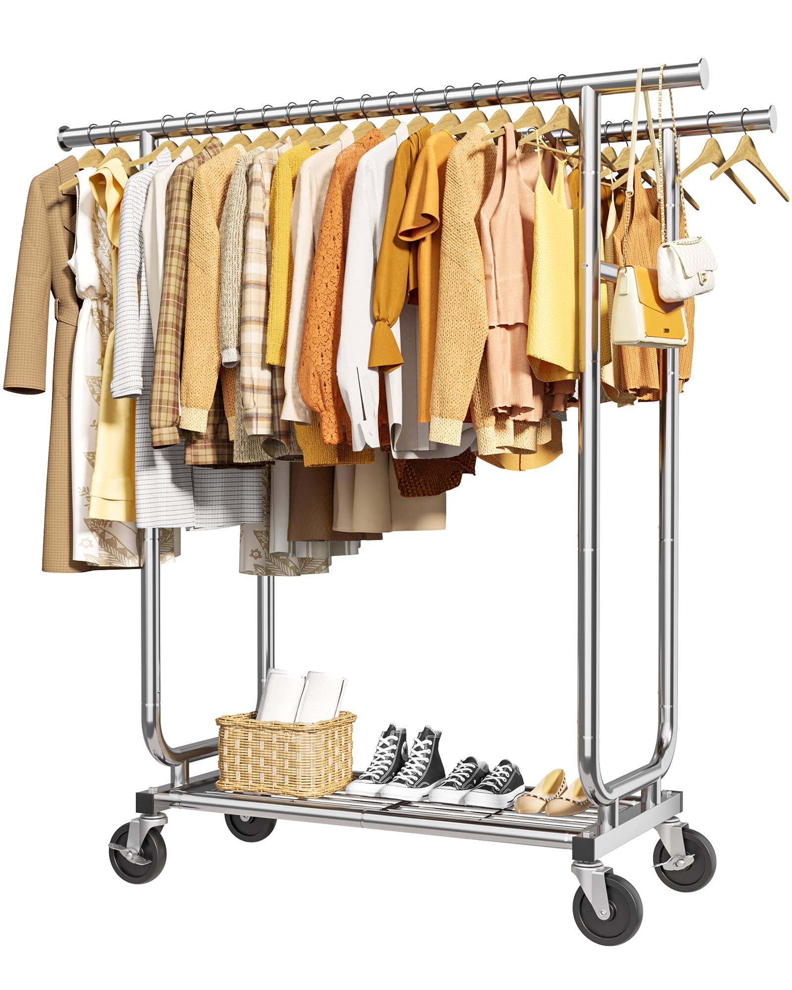 ThinkLink Electronic - Stainless Steel Rolling Clothes Rack With Mesh Shelf Lockable Wheels & Anti-slip Stoppers Freestanding - Silver 43.5" x 16.5" x 65.9"(2 Rods)