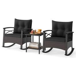 Gymax - Set of 3 Rattan Rocking Chair Set w/Acacia Wood Tabletop Armrests for Porch Balcony - Black