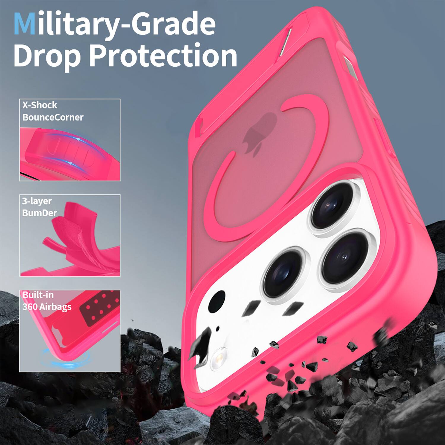 Military-Grade Drop Protection  
X-Shock BounceCorner  
3-layer BumDer  
Built-in 360 Airbags