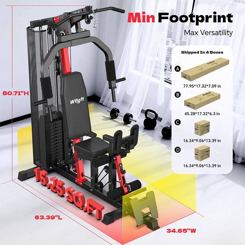 Min Footprint  
Max Versatility  
Shipped In 4 Boxes  

A: 77.95*17.32*7.09 in  
B: 45.28*17.32*6.3 in  
C: 63.39*L 16.34*9.06*13.39 in  
D: 16.34*9.06*13.39 in 34.65"W  

80.71"H  
63.39"L  
34.65"W  
15.25 SQ.FT