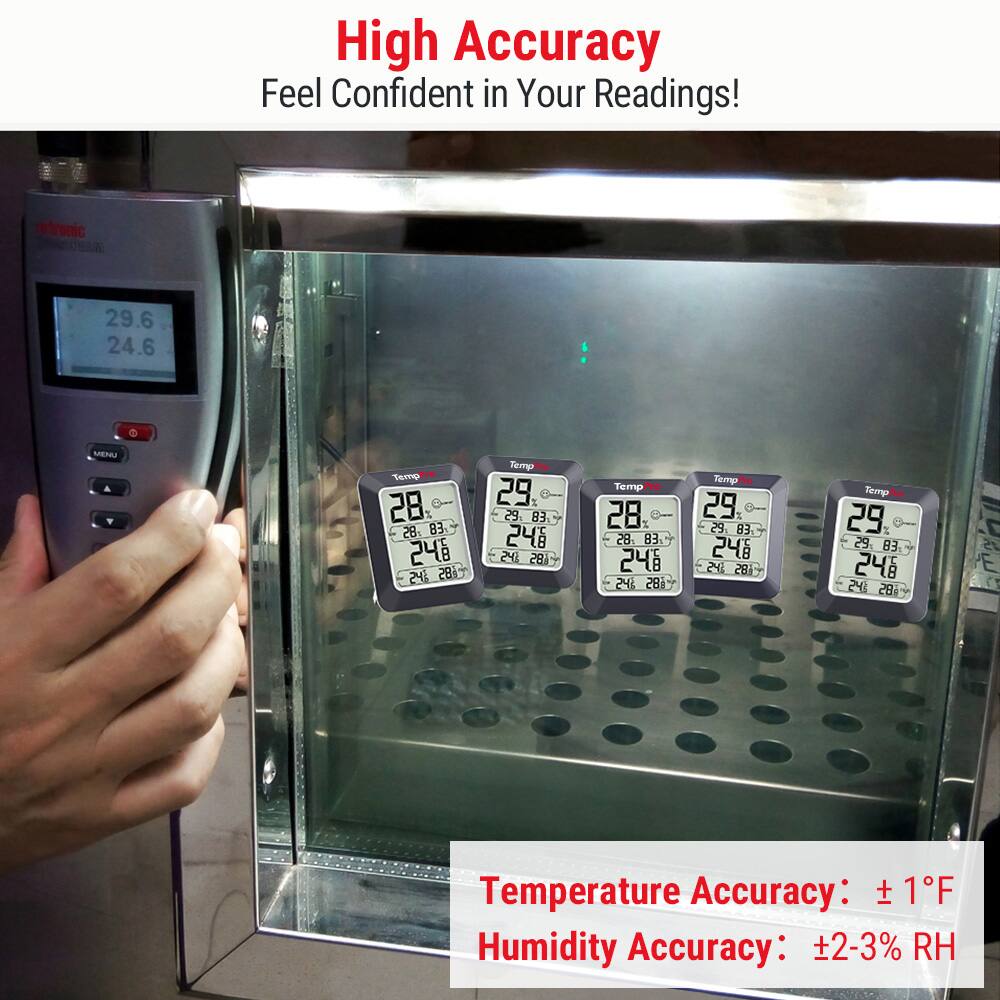 High Accuracy  
Feel Confident in Your Readings!  

nutronic  
29.6 24.6  

Temp 28 82 83 24 24 28  
Temp 29. 29 83 24B 28  
Temp 28 I 28 3 248 242 281  
Temp 29 = 29 83 248 24 185  
Terp 29 29g 83 248 24 28 A 20 E C  

Temperature Accuracy: ±1°F  
Humidity Accuracy: ±2-3% RH