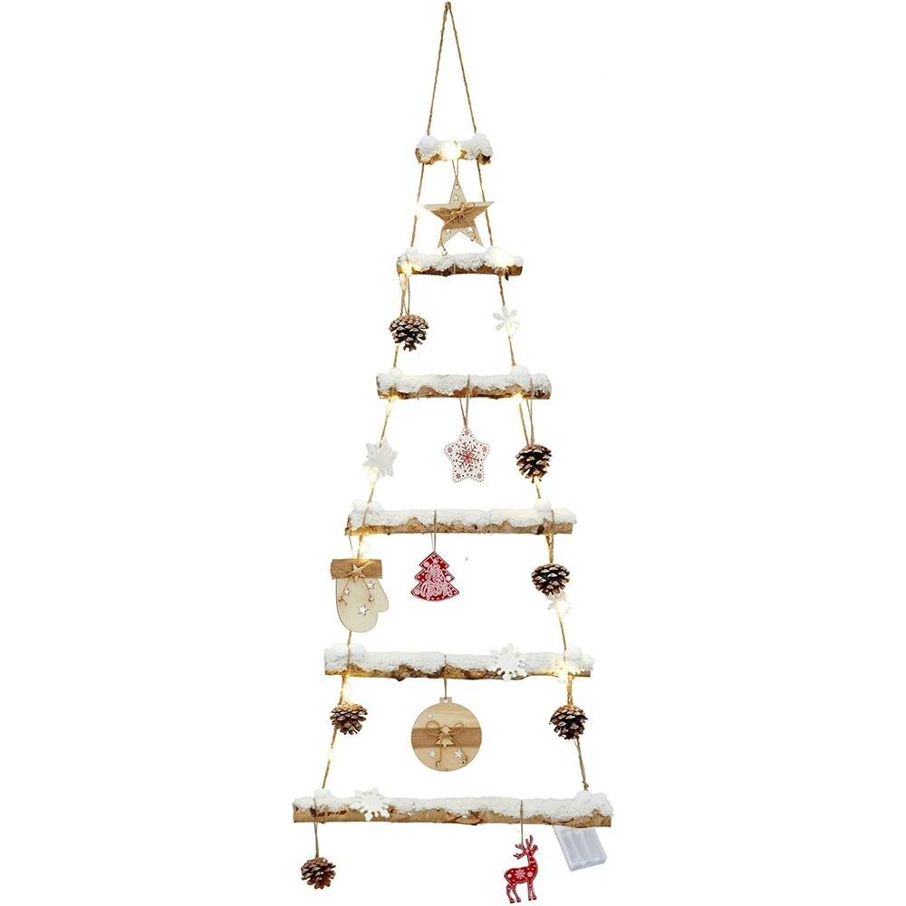 Front. ACJPR - Snowy Birch Logs Wall Christmas Tree – Frosted Wood, Lights & Snowflakes, Rustic Ornament Display Decor - White.