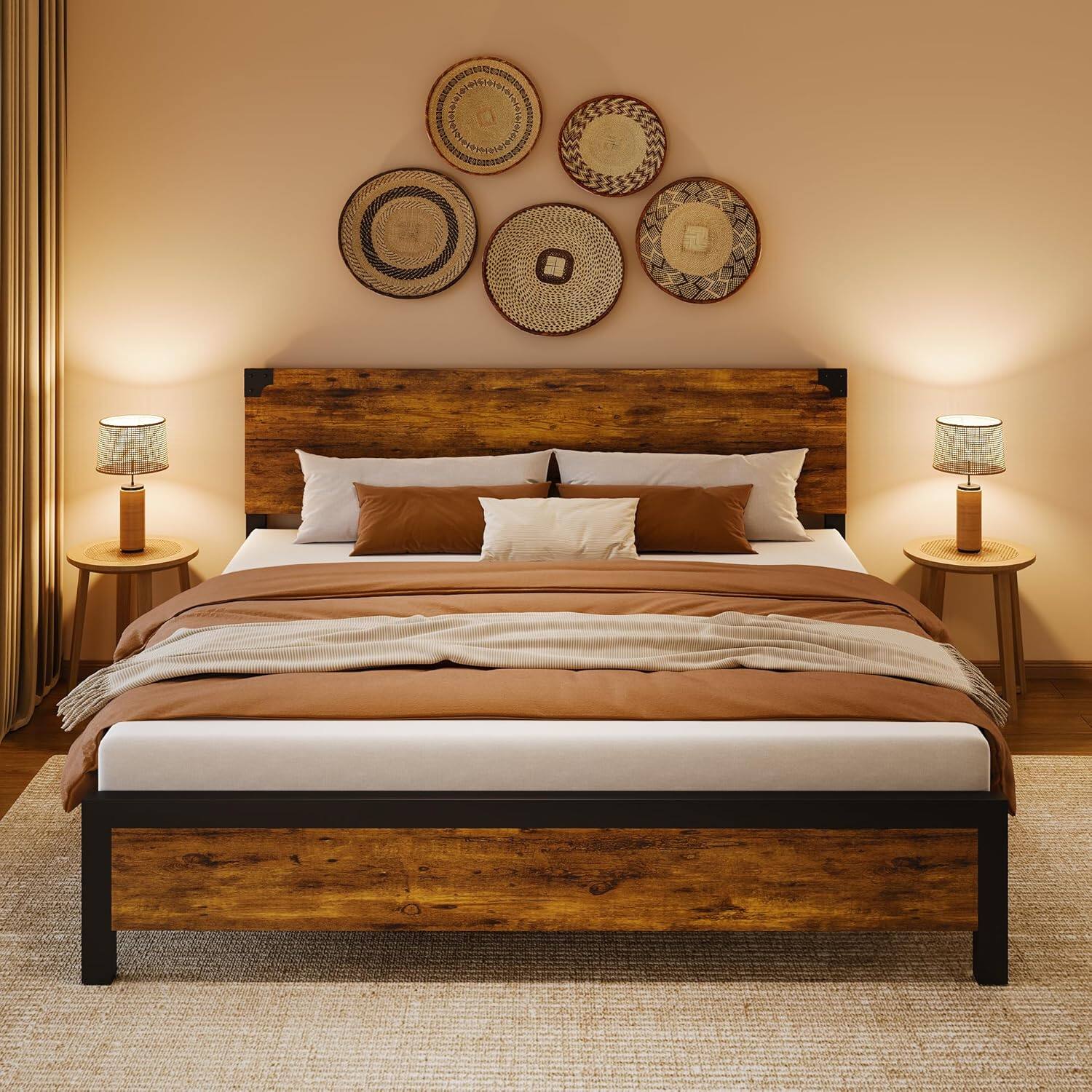 Jojoka - King Bed Frame with Wooden Headboard, Under-Bed Storage, Platform Base, Noise-Free, No Box Spring Needed, Brown - Brown