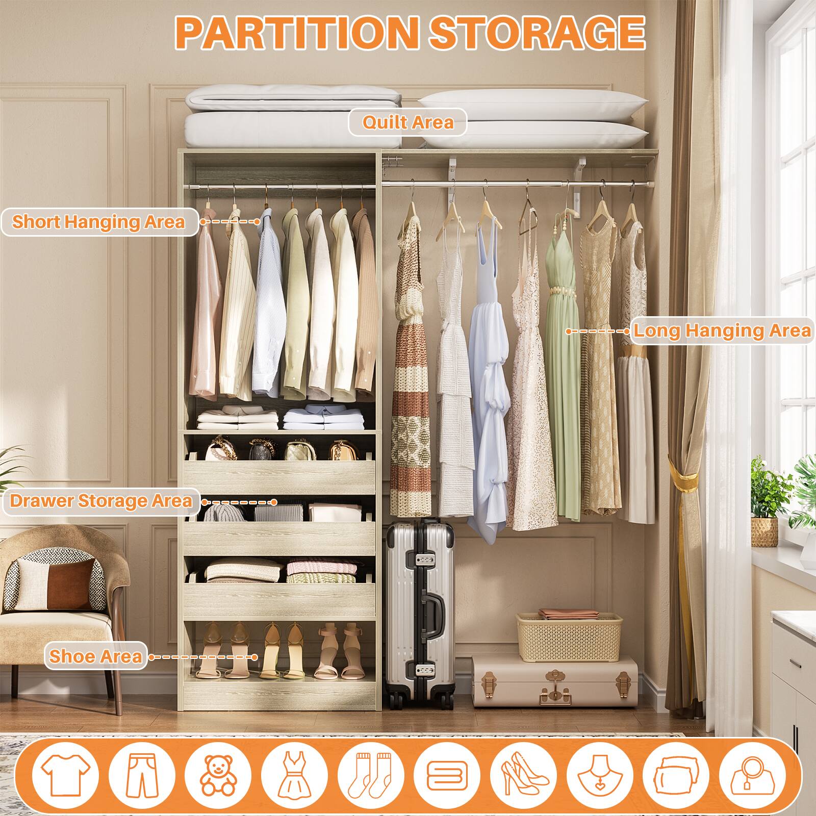 PARTITION STORAGE

- Quilt Area
- Short Hanging Area
- Long Hanging Area
- Drawer Storage Area
- Shoe Area