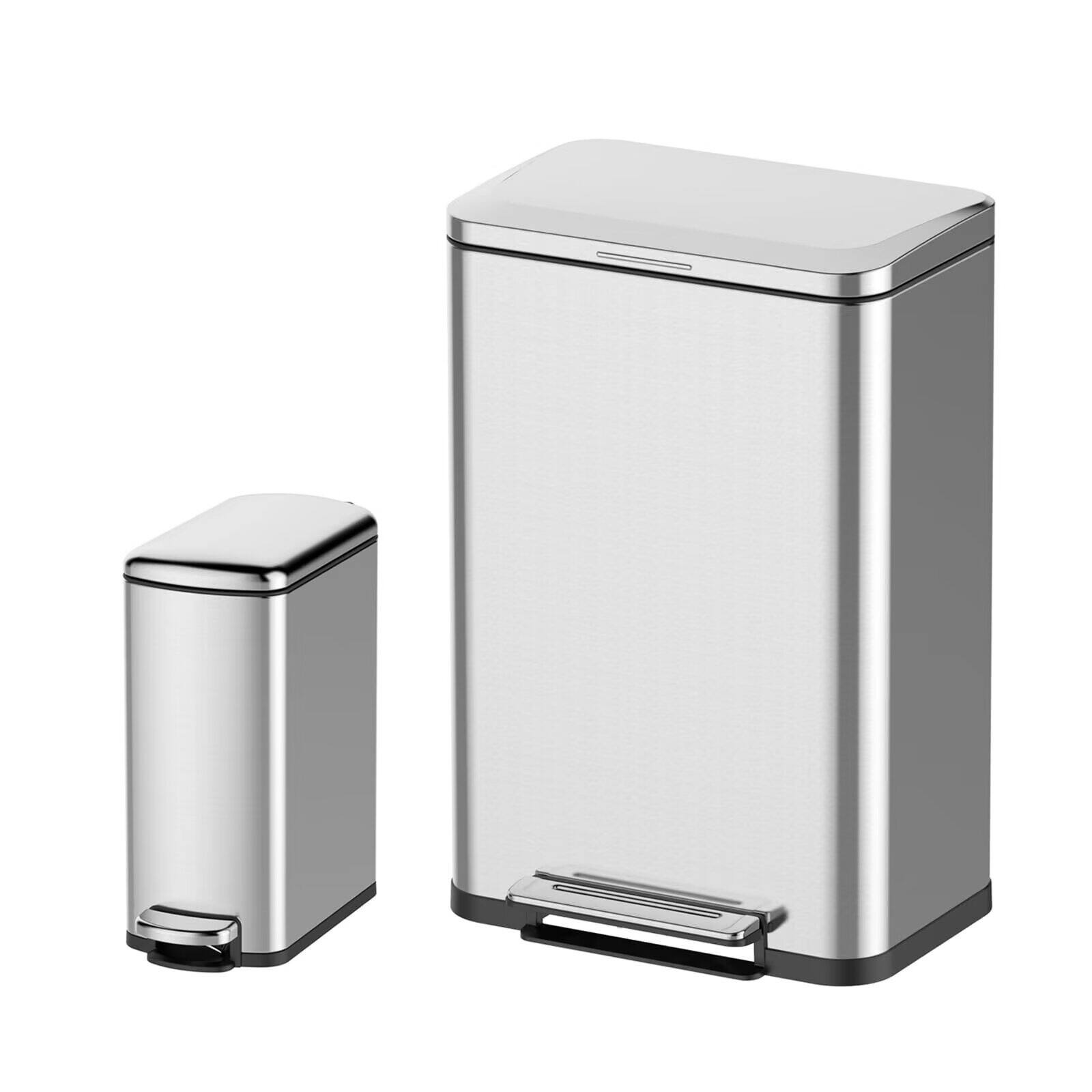 Front. Babevy - Stainless Steel Waste Bin Kitchen Trash Can Set 13.2 Gal and 2.11 Gal for Bathroom Bedroom Kitchen.