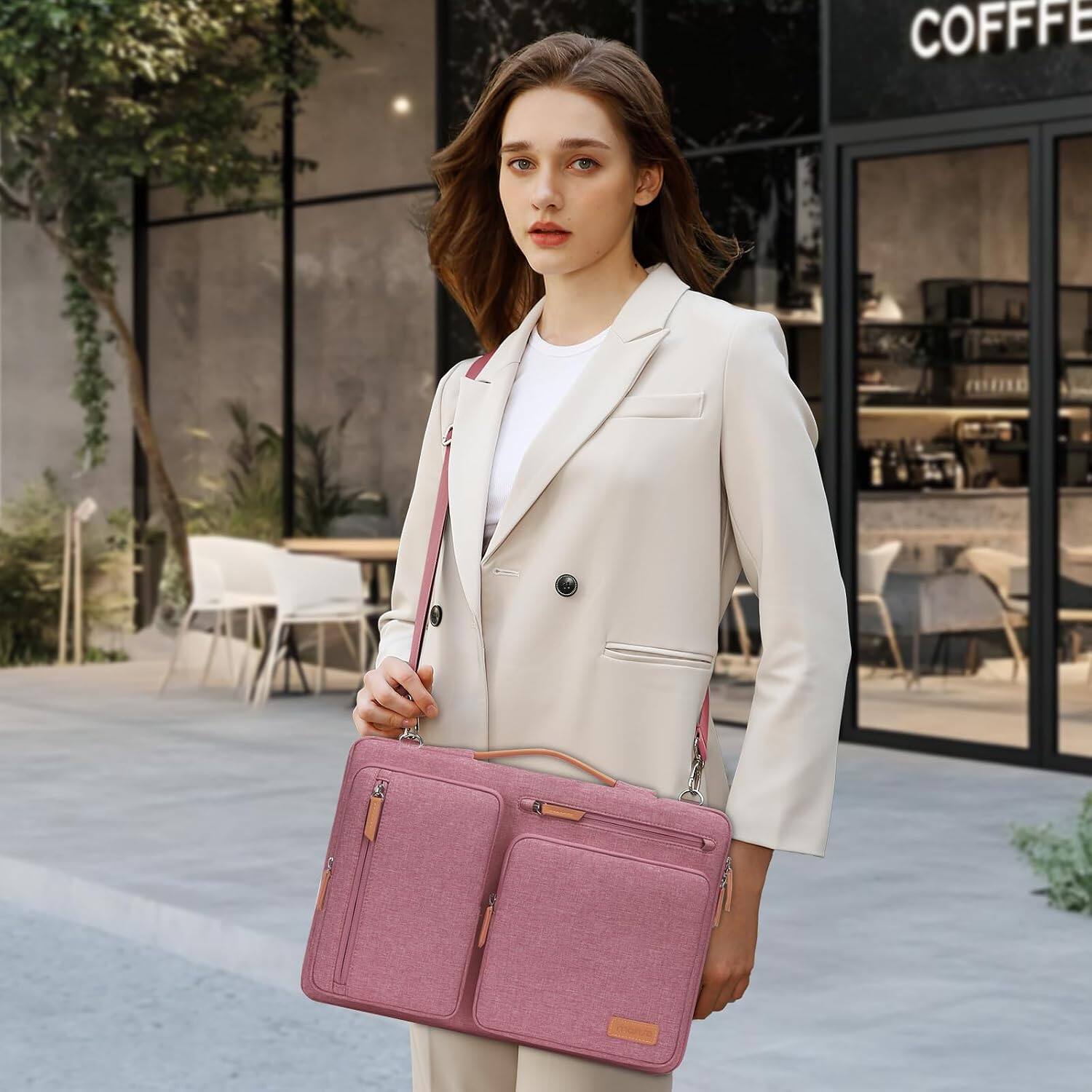 Alt View 4. mosiso - 360 Protective Laptop Shoulder Bag 15-15.6 inch Computer Messenger Bag for MacBook Pro 16 inch HP Dell Lenovo Asus - Dusty Rose.