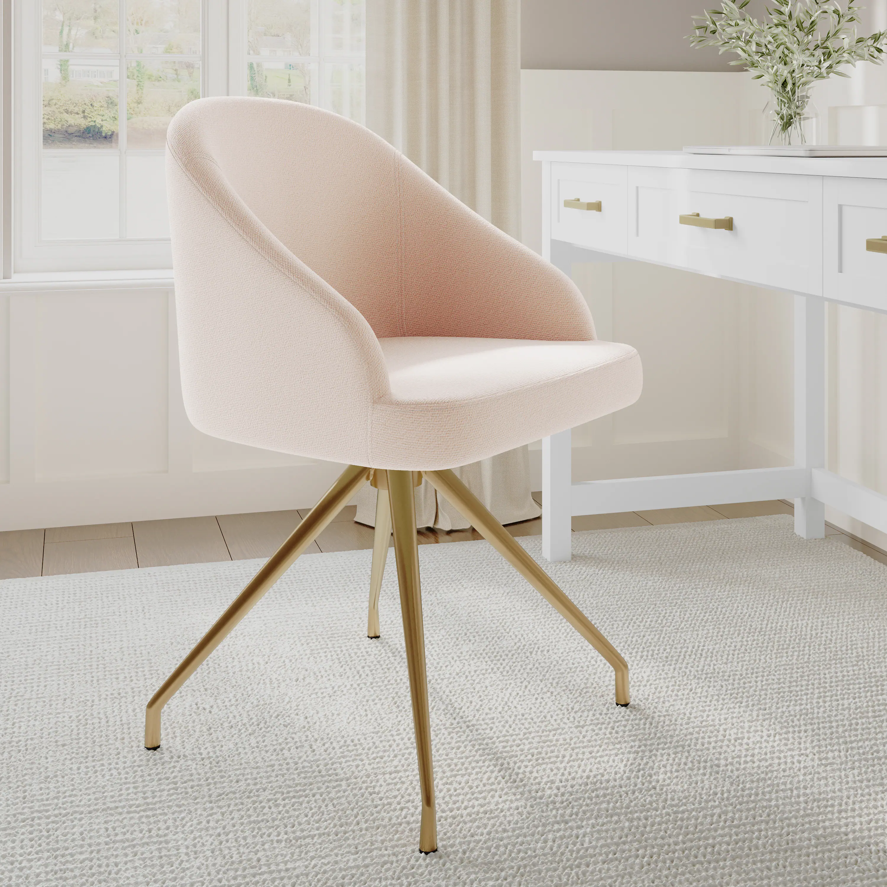 Alt View 5. Martha Stewart - Sora Upholstered Stationary Swivel Home Office Chair - Conch Shell Fabric/Polished Brass Frame.