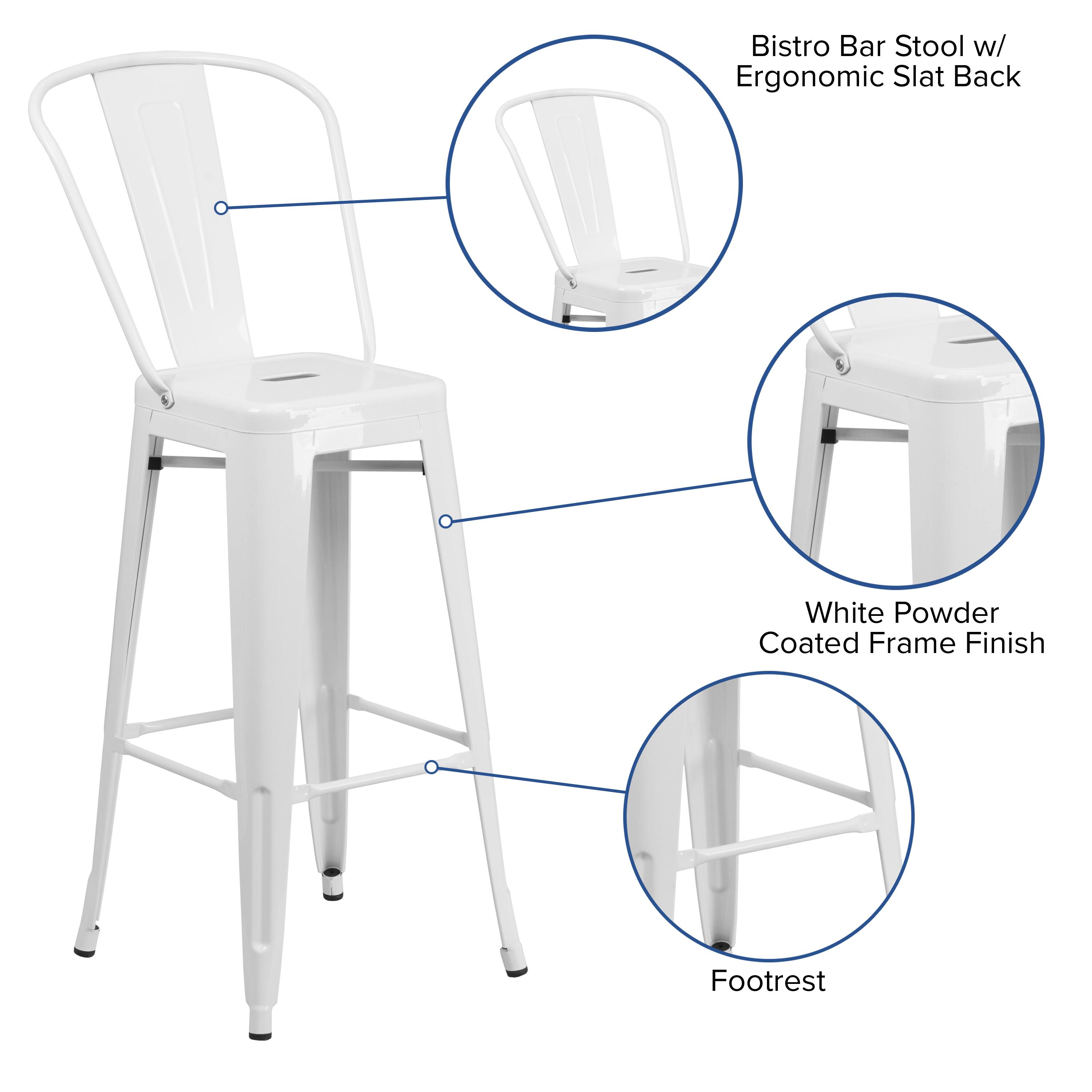 Bistro Bar Stool w/ Ergonomic Slat Back  
White Powder Coated Frame Finish  
Footrest
