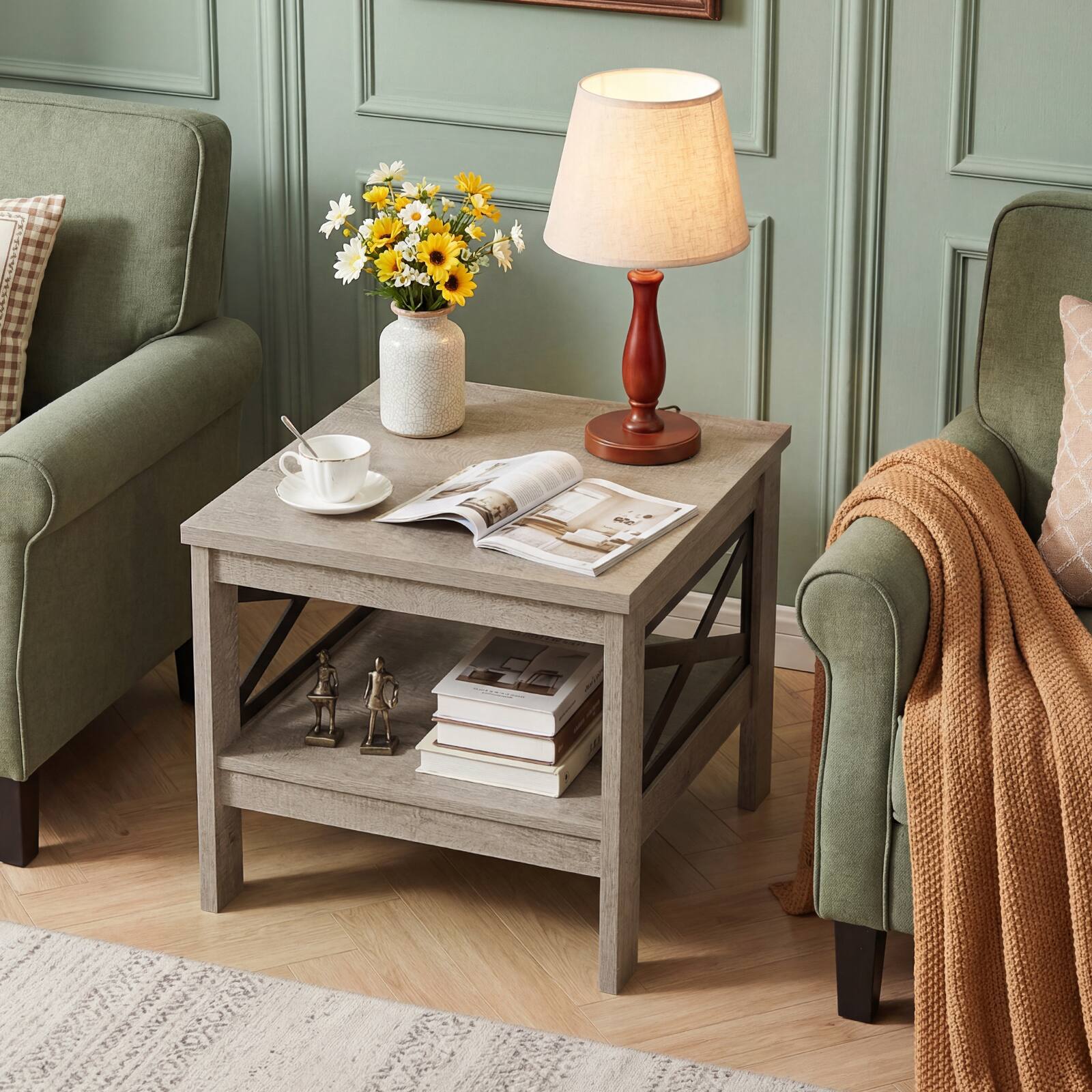 Alt View 3. Costway - Costway 1 PCS 2-Tier End Table with Storage Shelf & X-Frame, 24" Farmhouse Nightstand for Bedroom - Rustic Oak.